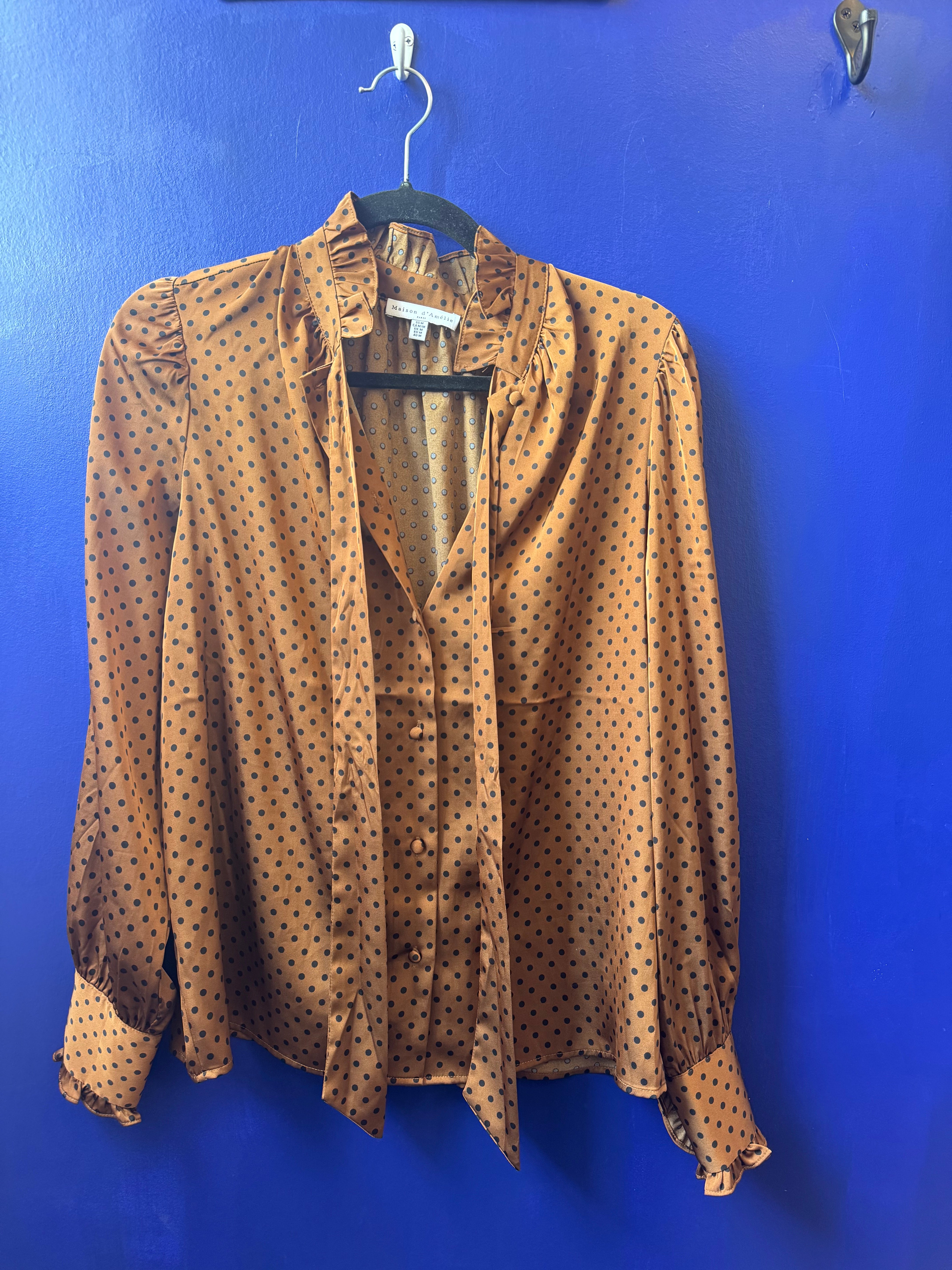 Brown Maison d'Amelie polka dot pussy bow button down, M
