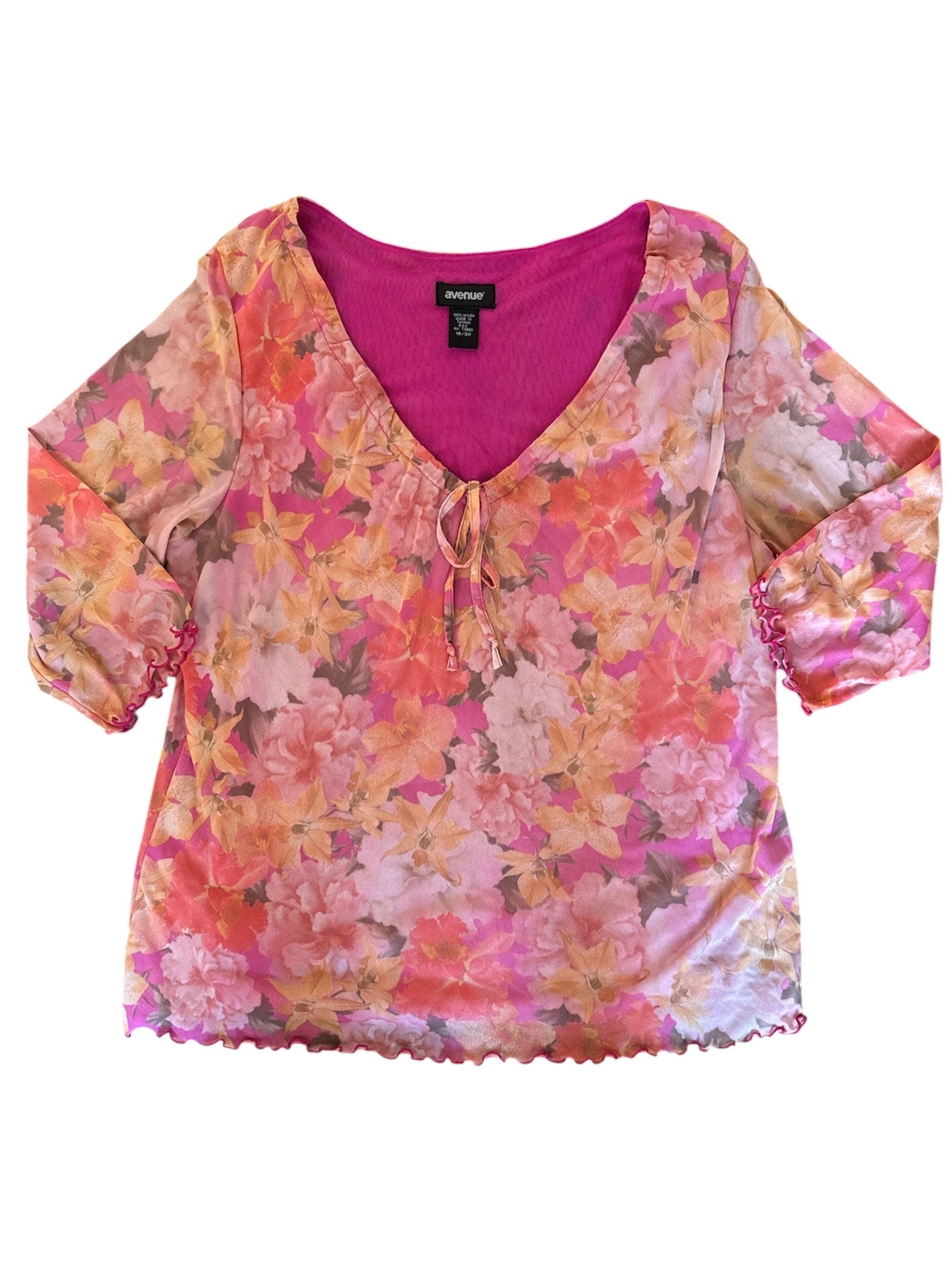 Orange pink Avenue Micro mesh floral v neck top, 18/20