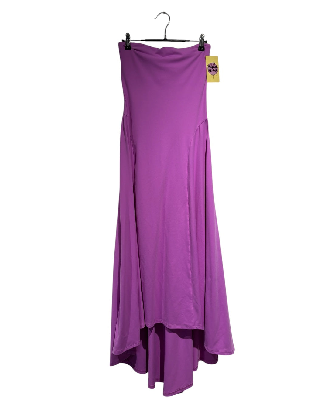 purple susan monaco strapless flowy midi dress