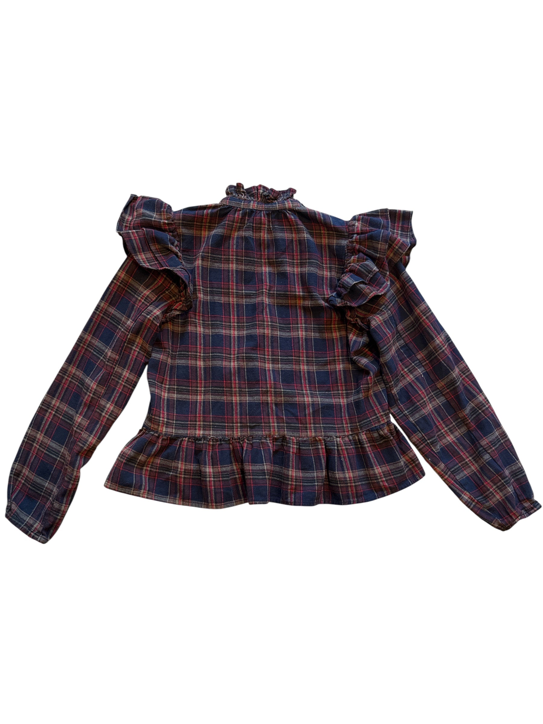 navy red blanknyc plaid ruffle collar sleeve blouse, s