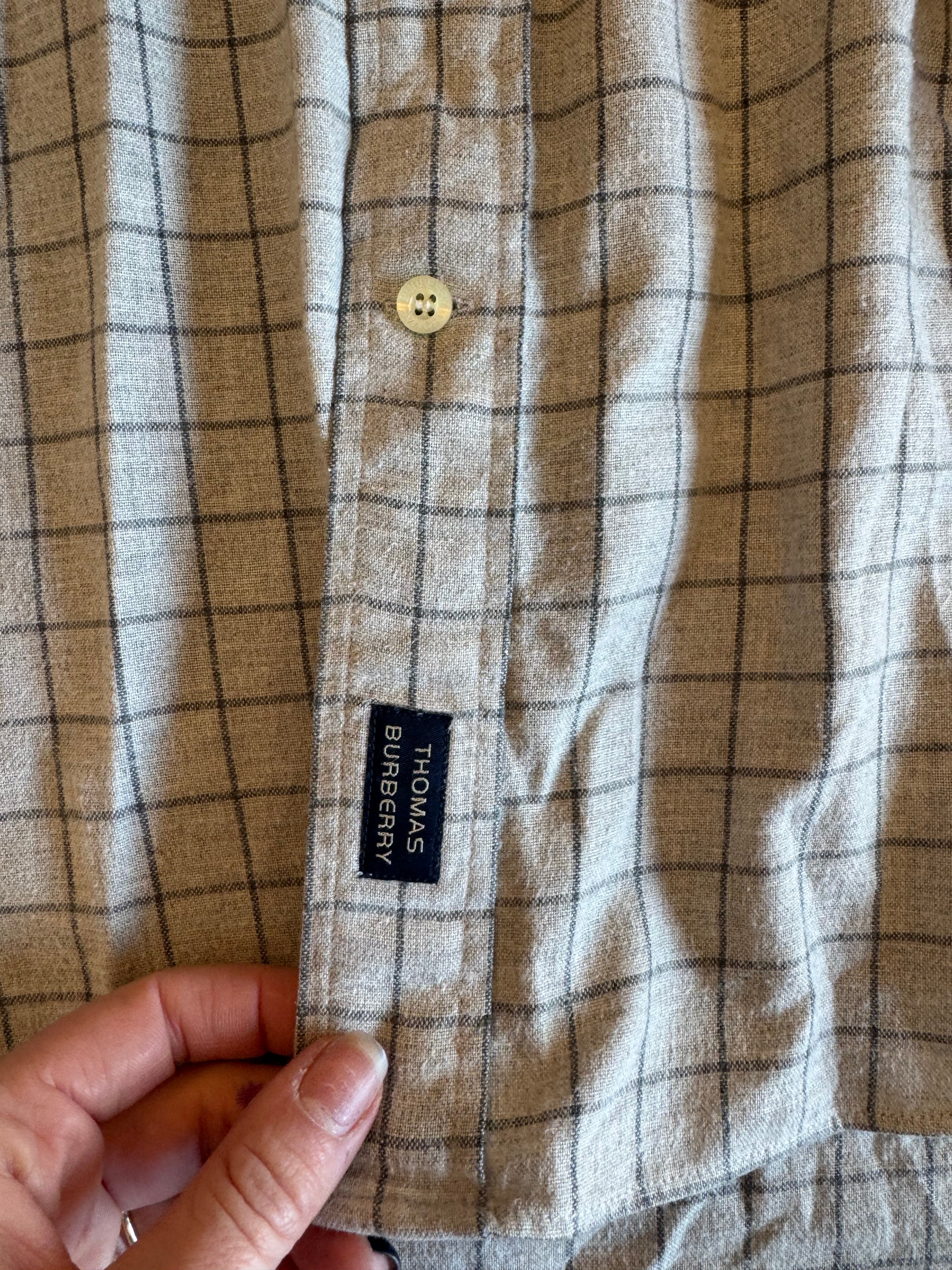 light gray gray burberry plaid button down, L