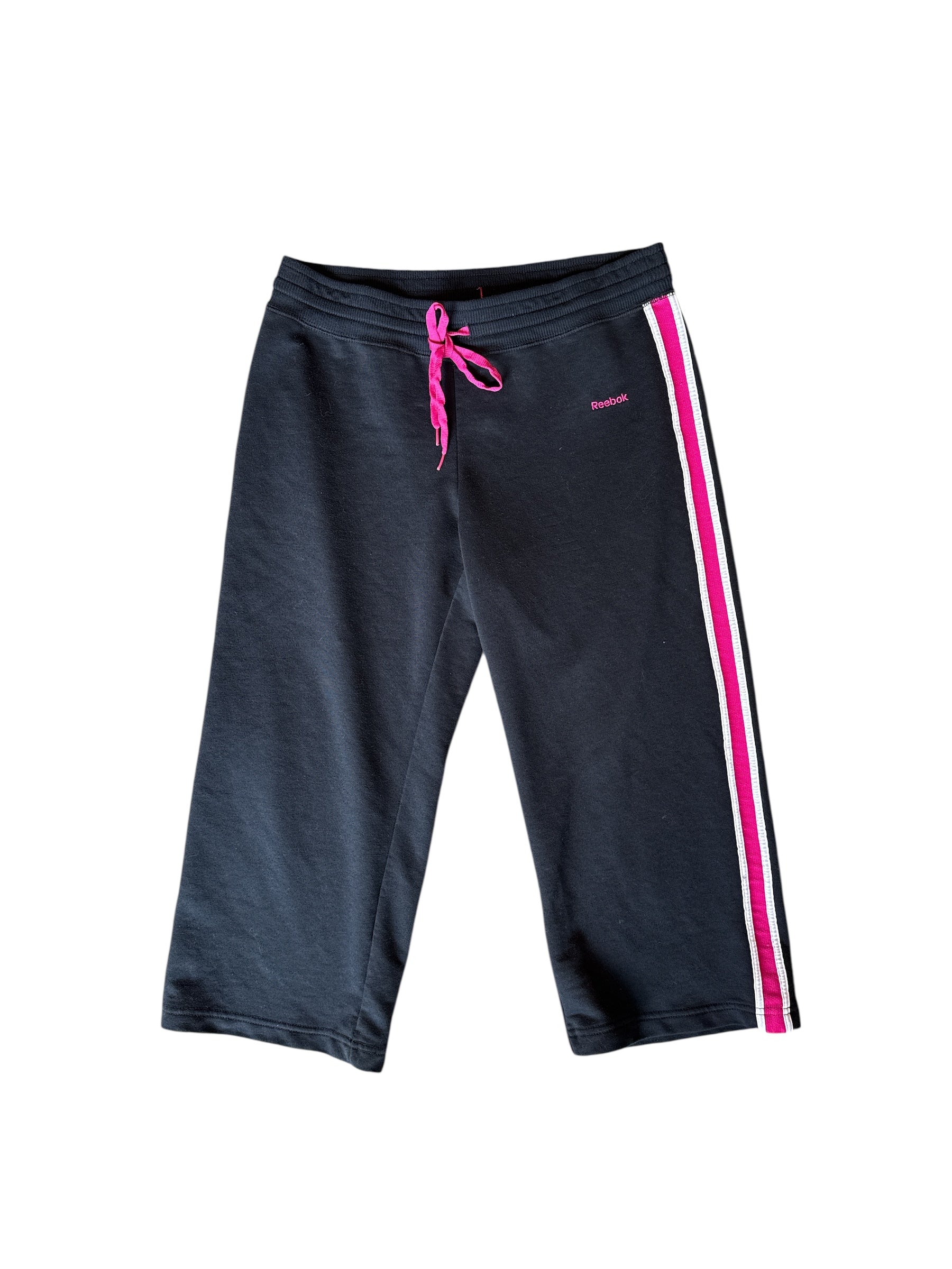 Black pink white Reebok Stripe capris, M