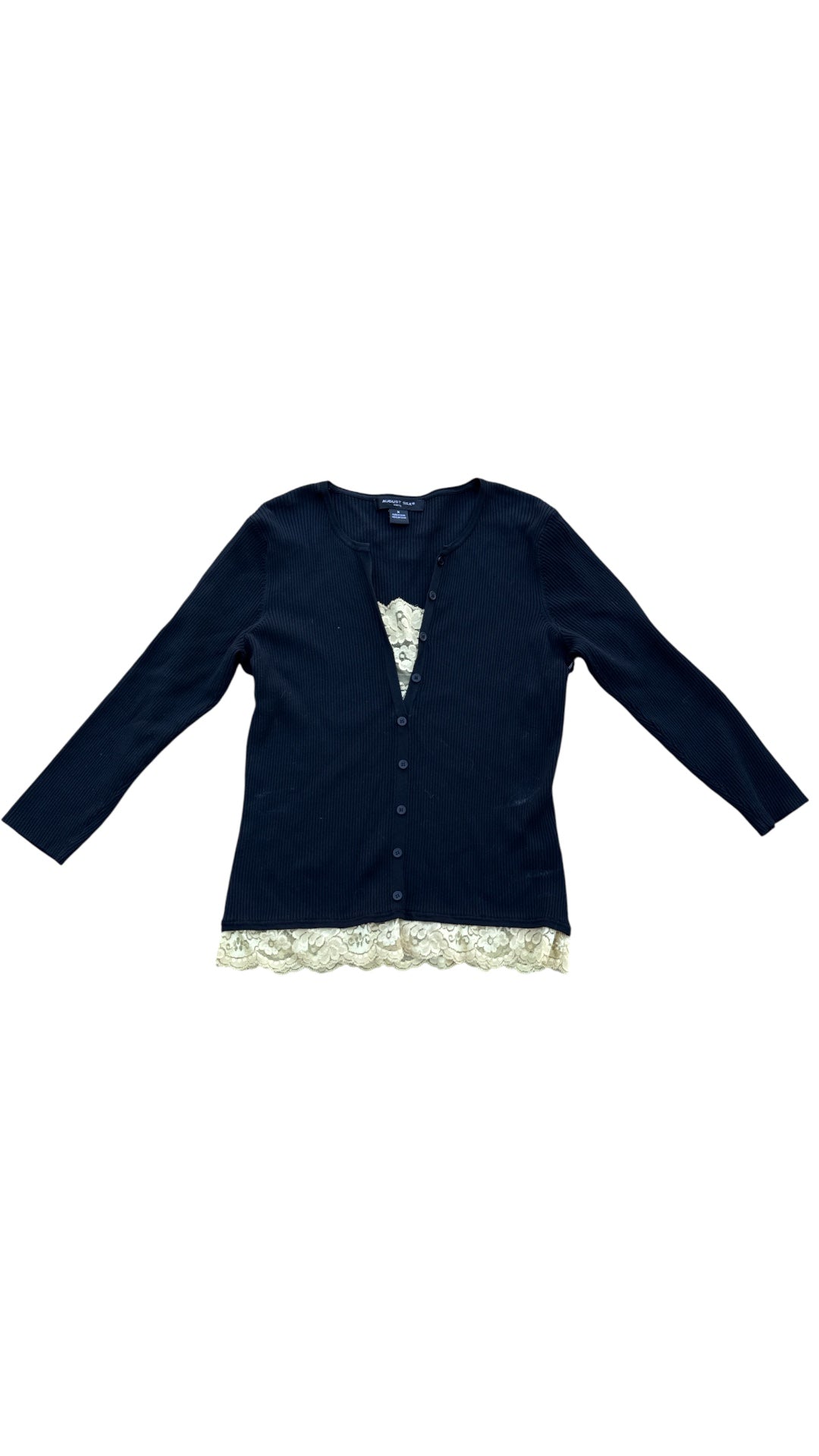 black august silk ribbed henley lace underlay top, M