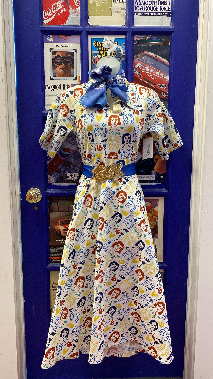 White blue red yellow Dimple design studio graphic faces ss long dress, M
