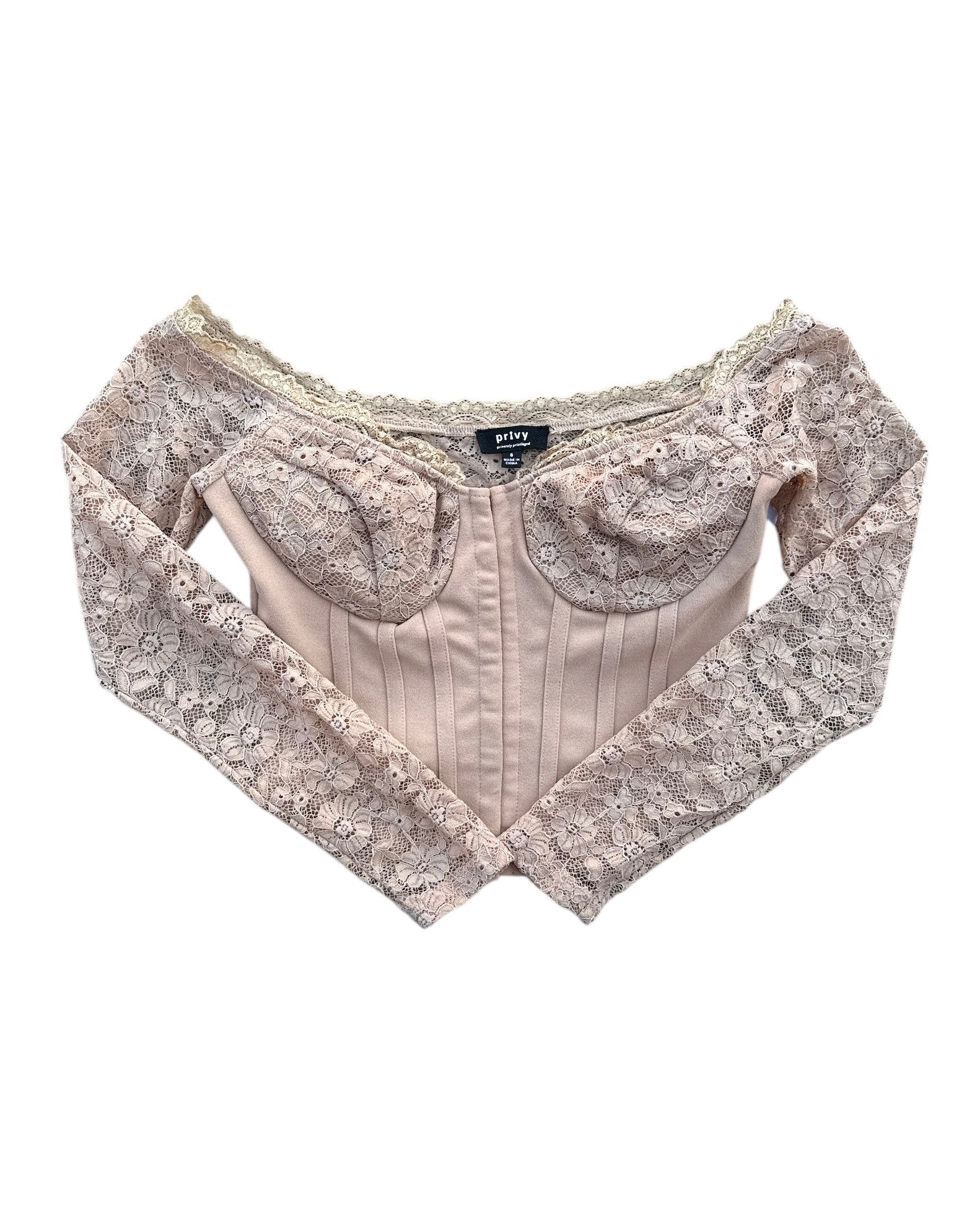 tan privy lace ls bustier top, s