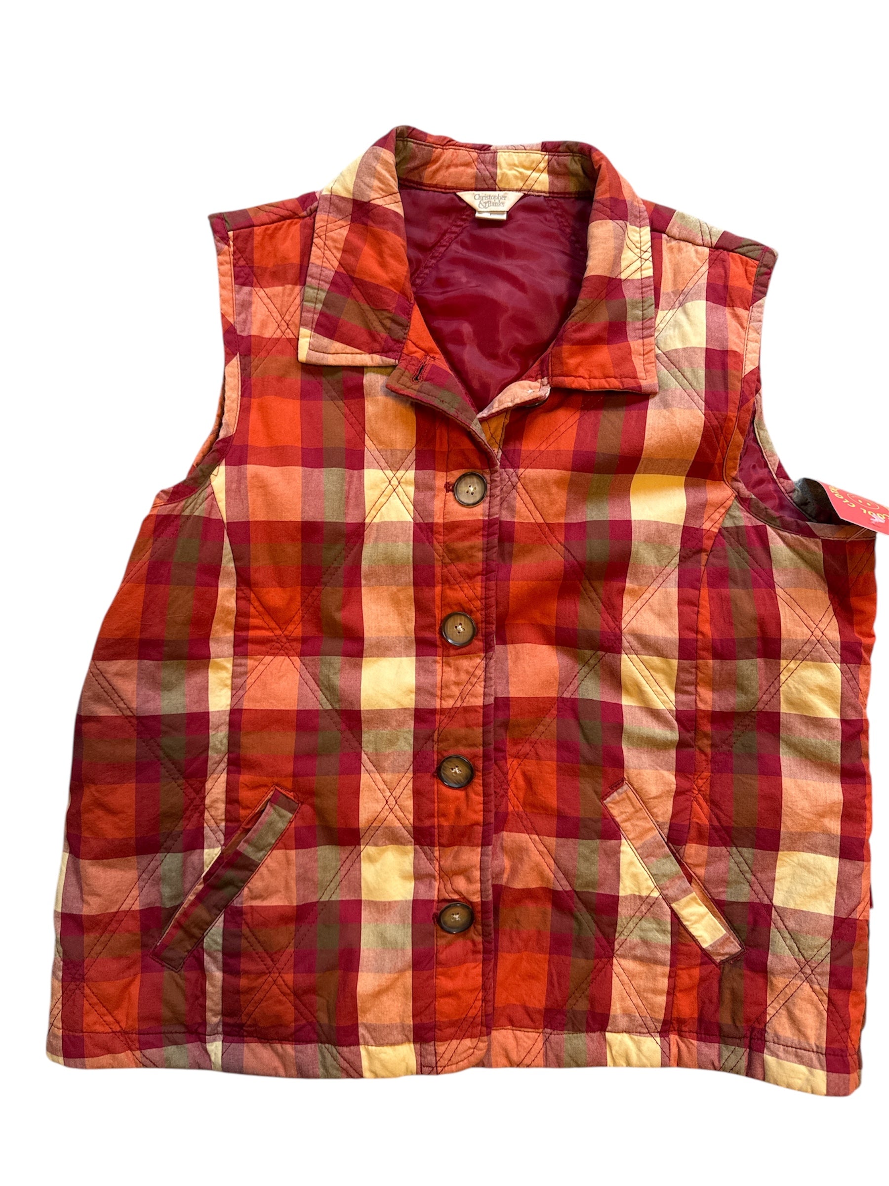 red orange yellow christopher & banks plaid quilted vest, L