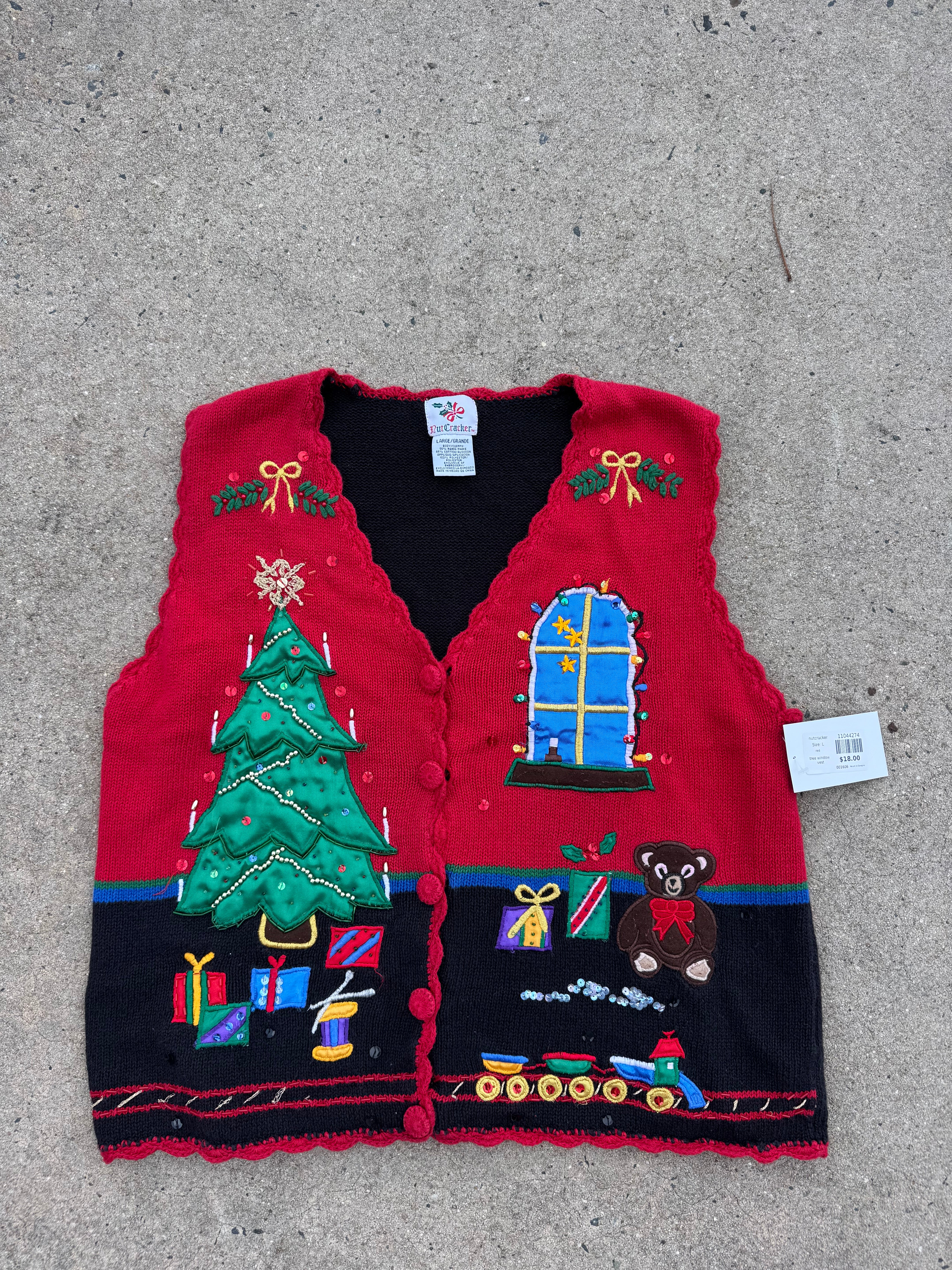 red nutcracker tree window vest, L