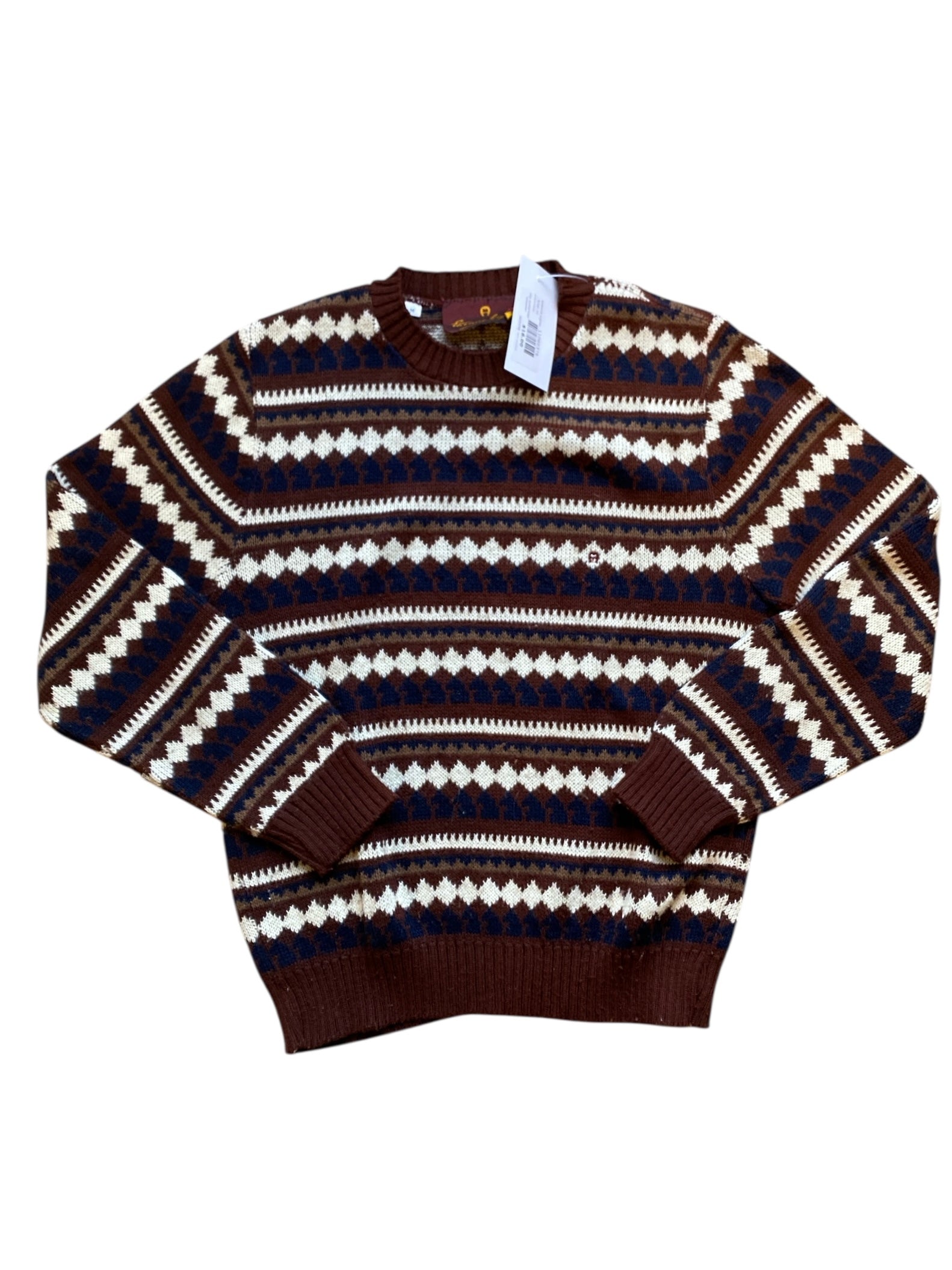 brown navy white etienne aigner vtg patterned sweater, m