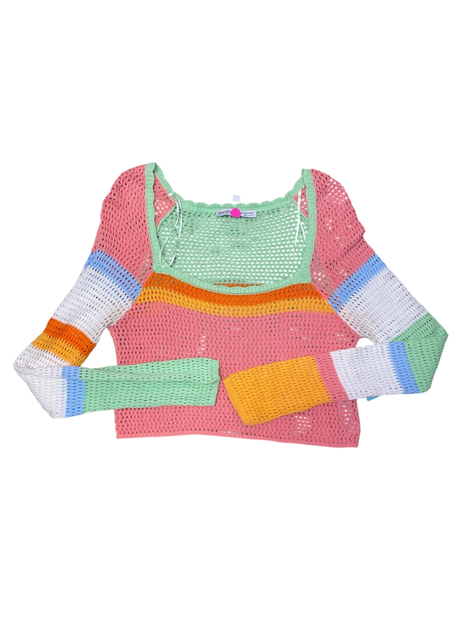 Green pink Bershka Crochet square neck ls top, XL