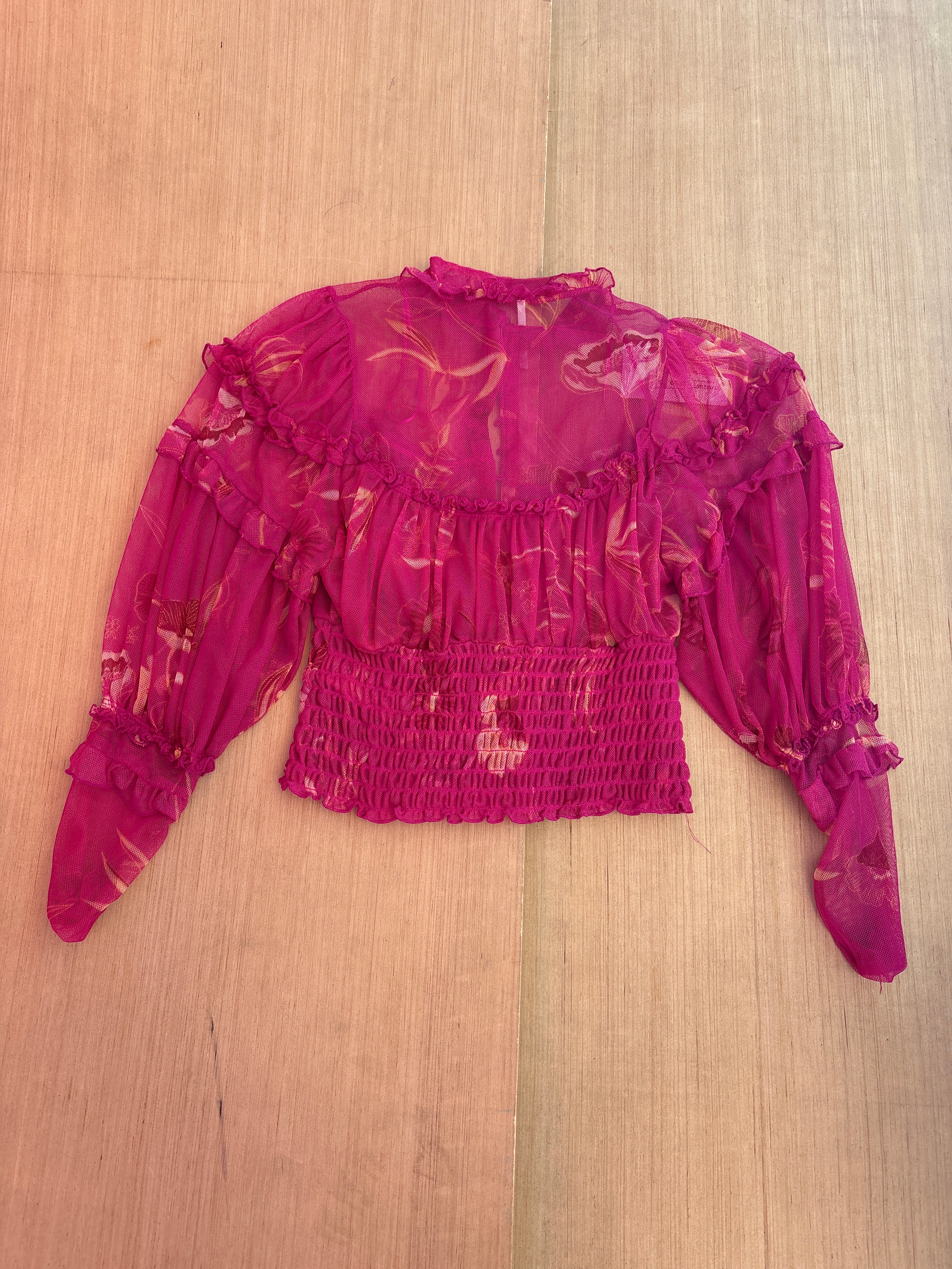 pink Free People sheer/smocked top, xs