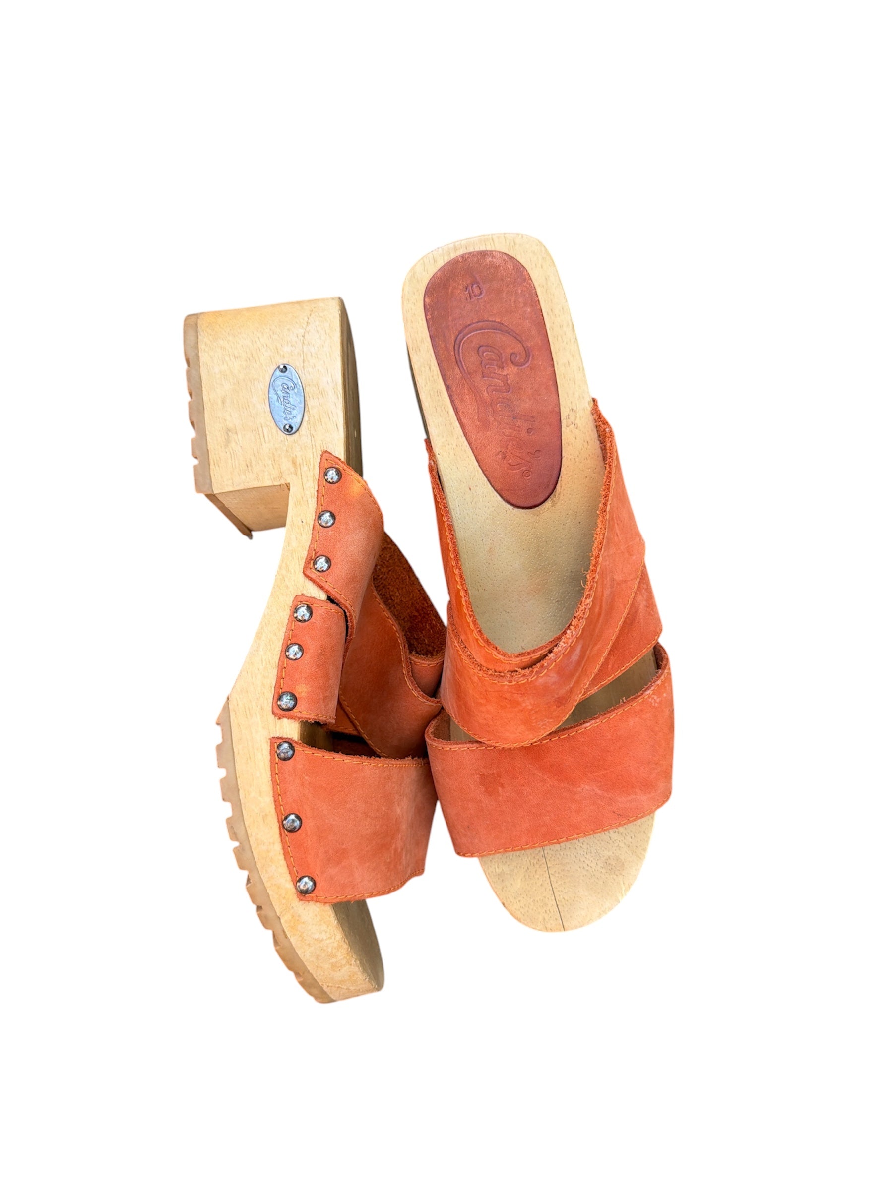 brown orange candies wooden suede heeled mules, 10