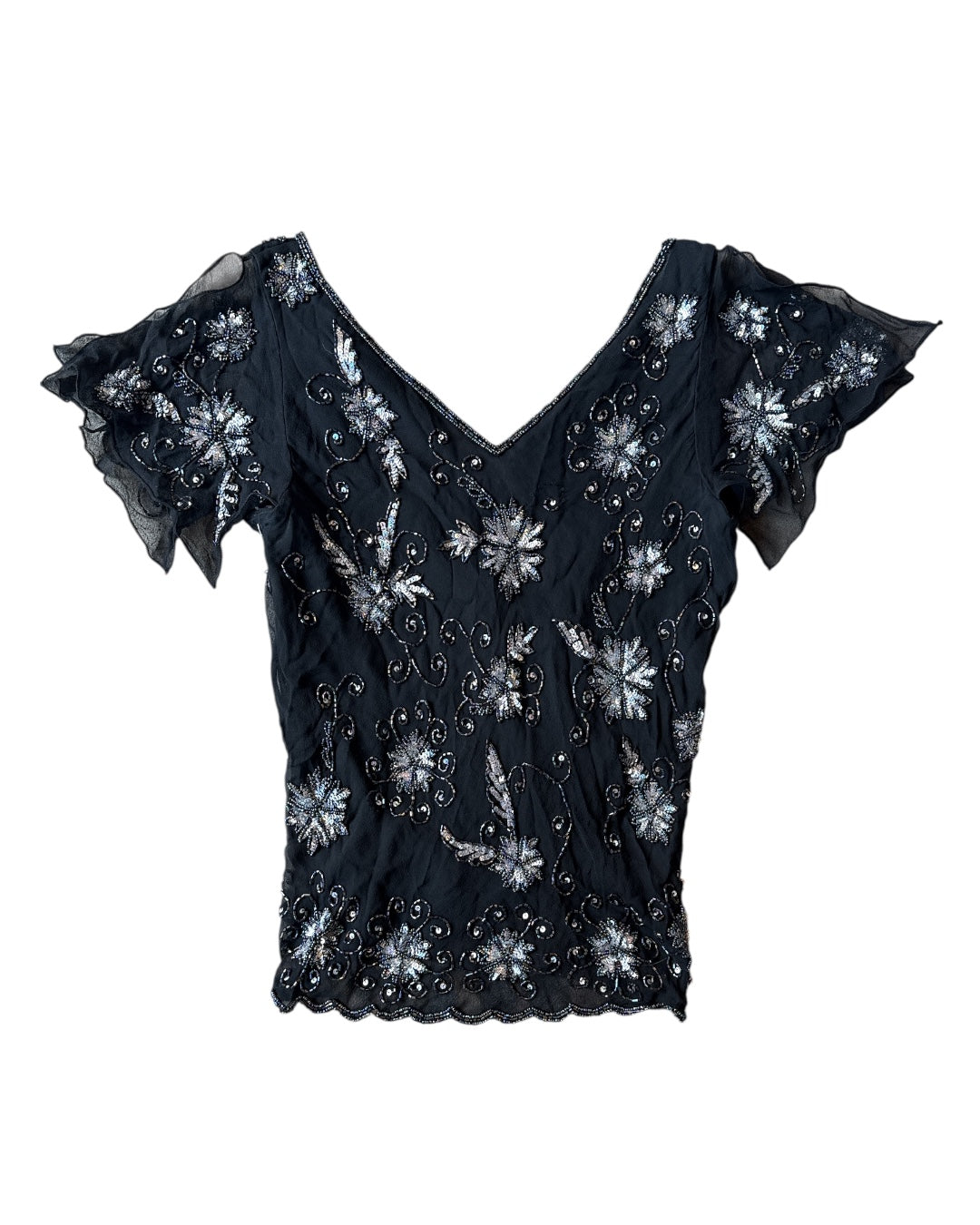 black Adriana papell sheer sparkly floral top, S