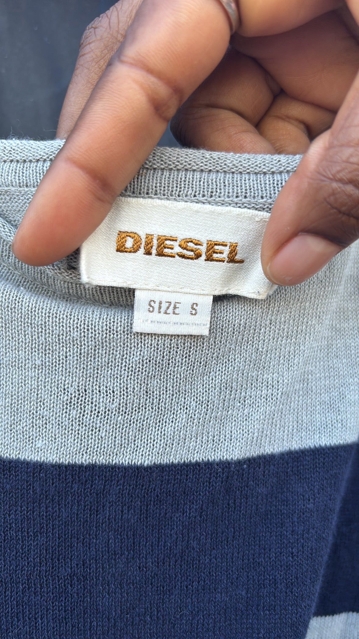 blue grey diesel knit striped distressed tank, s