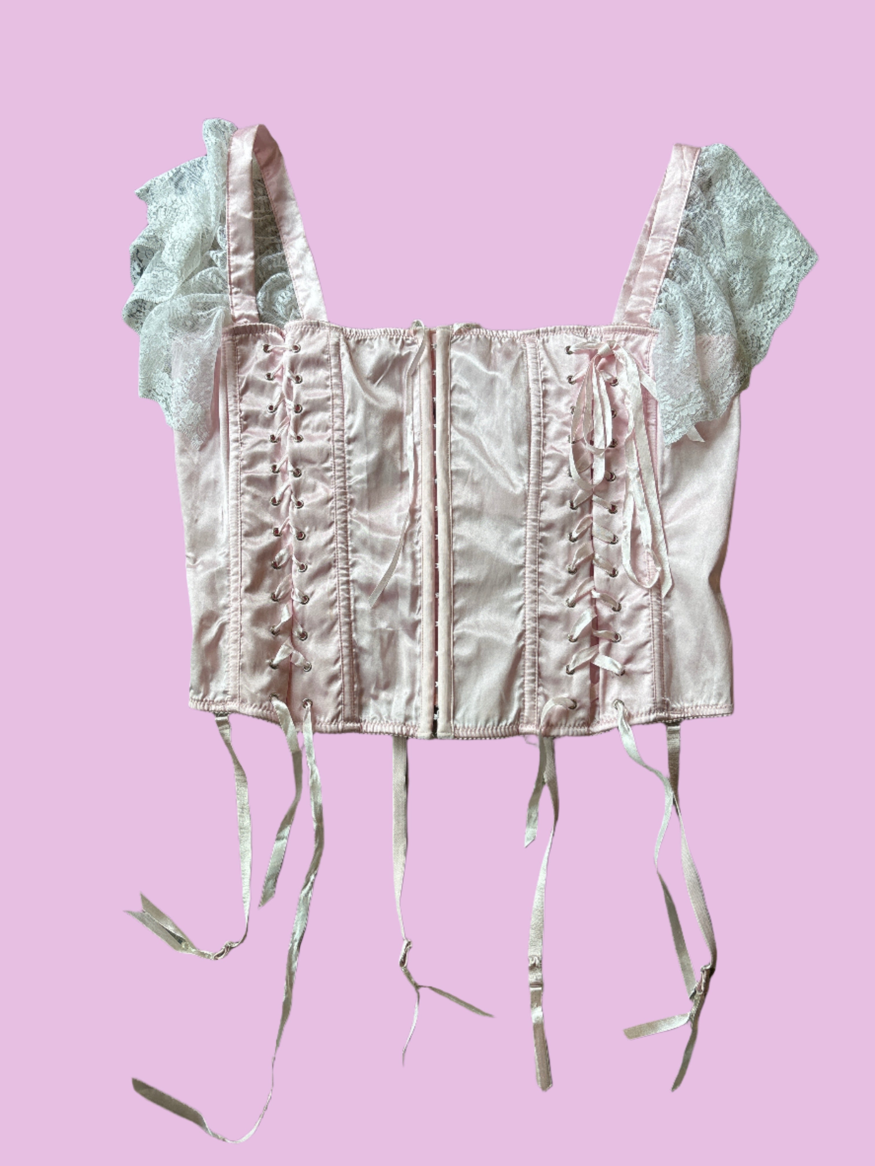 pink elegent moments corset w hanging lace sleeve, 42