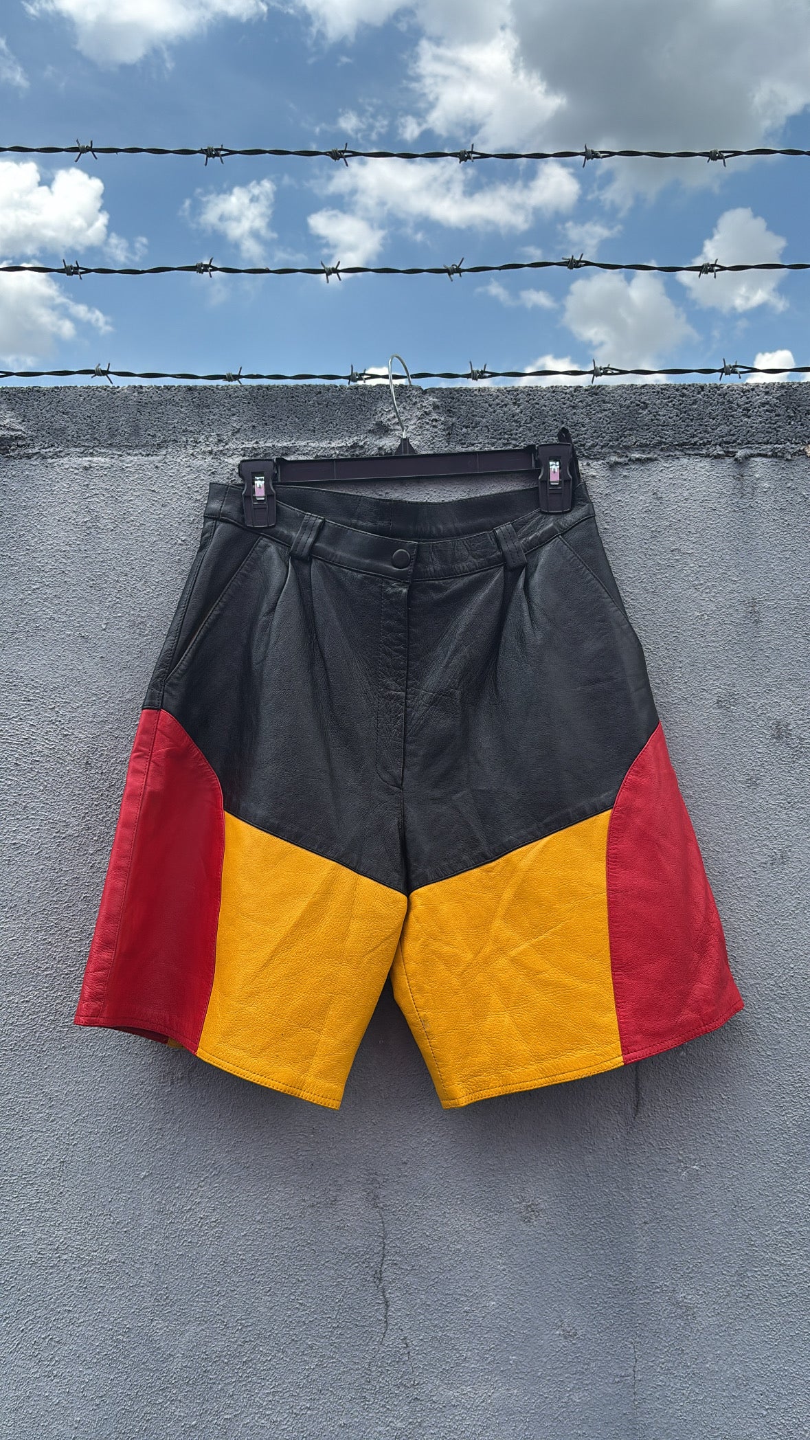 Black red yellow  Vtg leather color block shorts, M