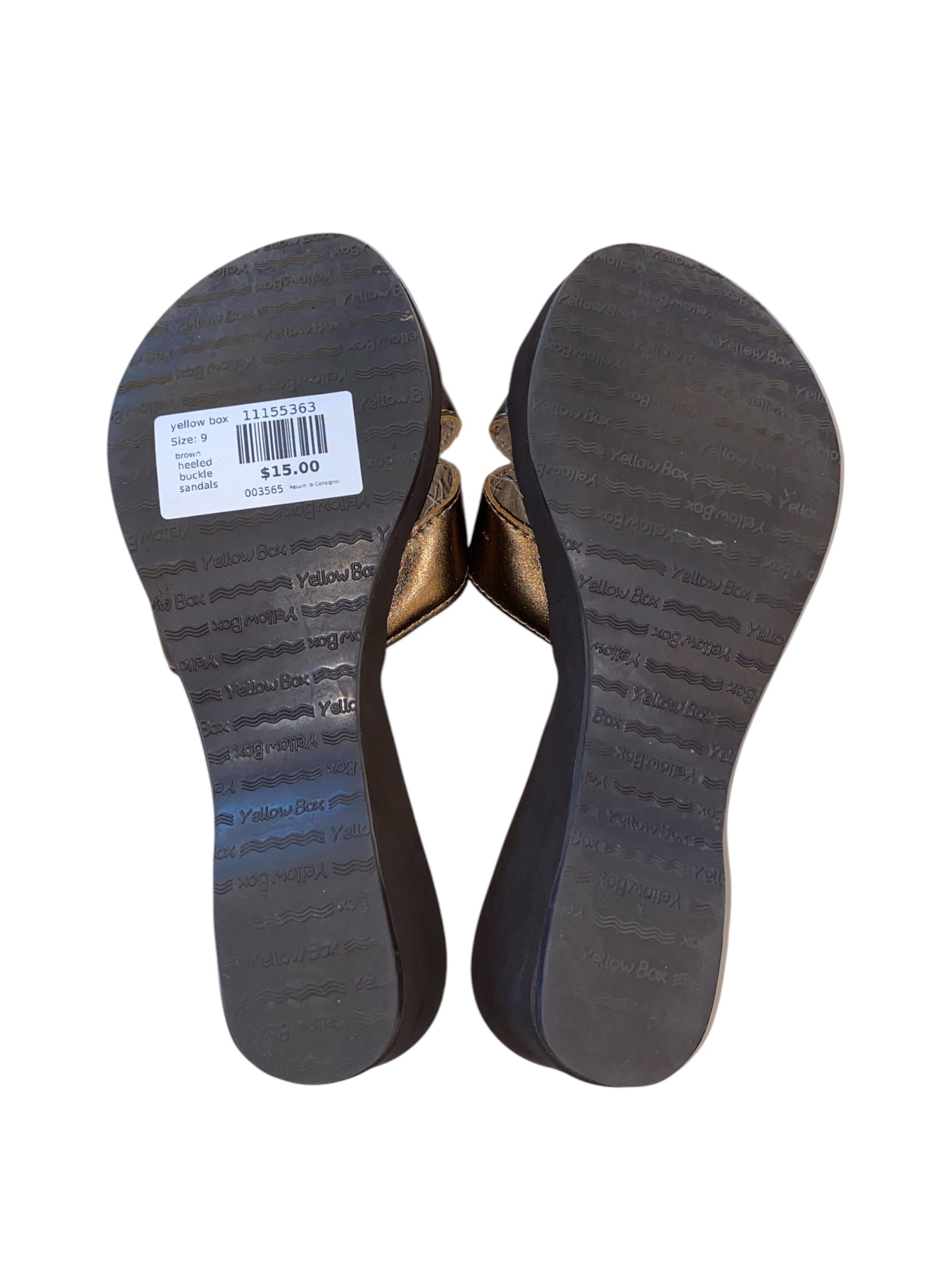 brown yellow box heeled buckle sandals, 9