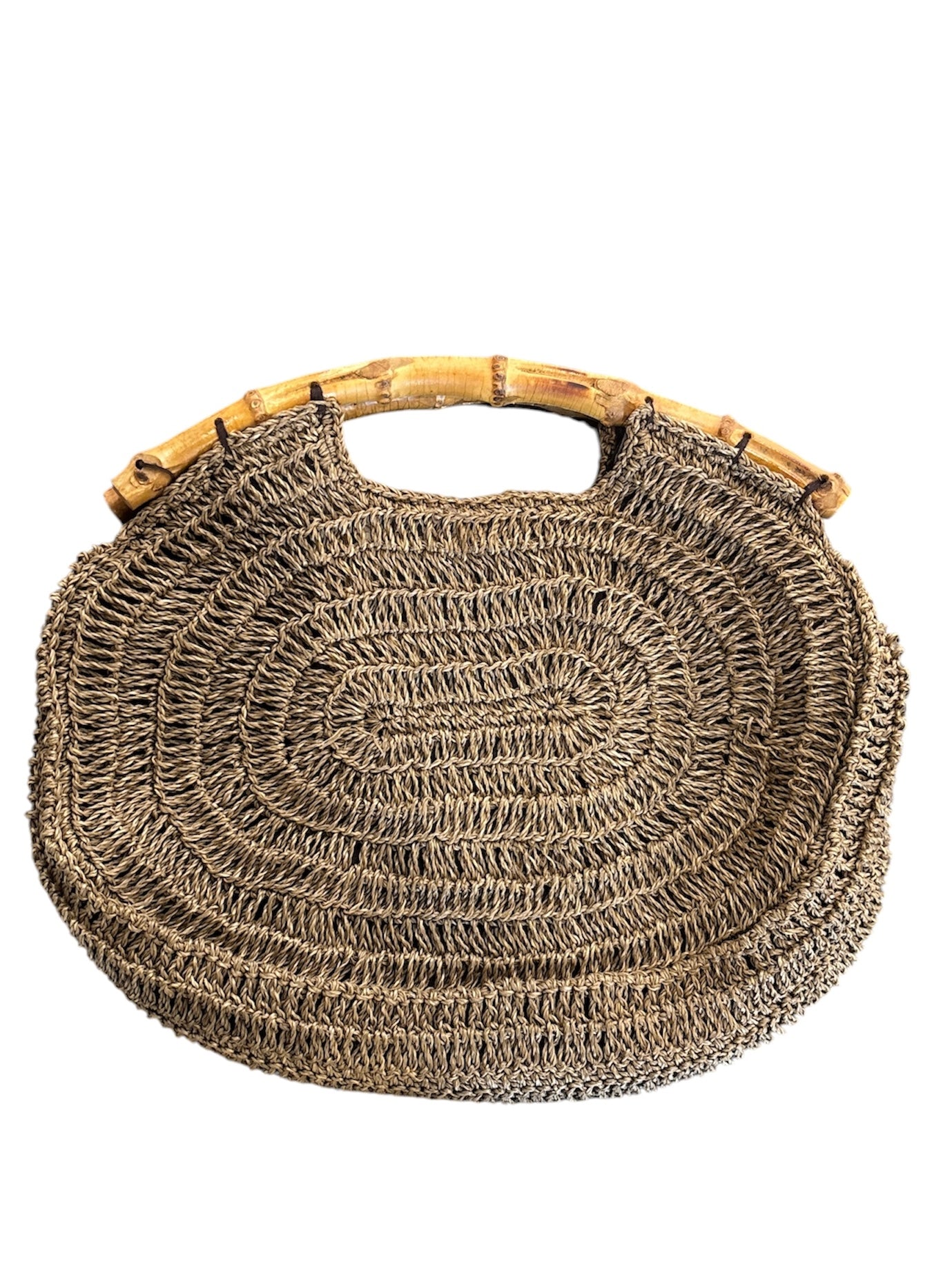 brown  woven bag wood handles