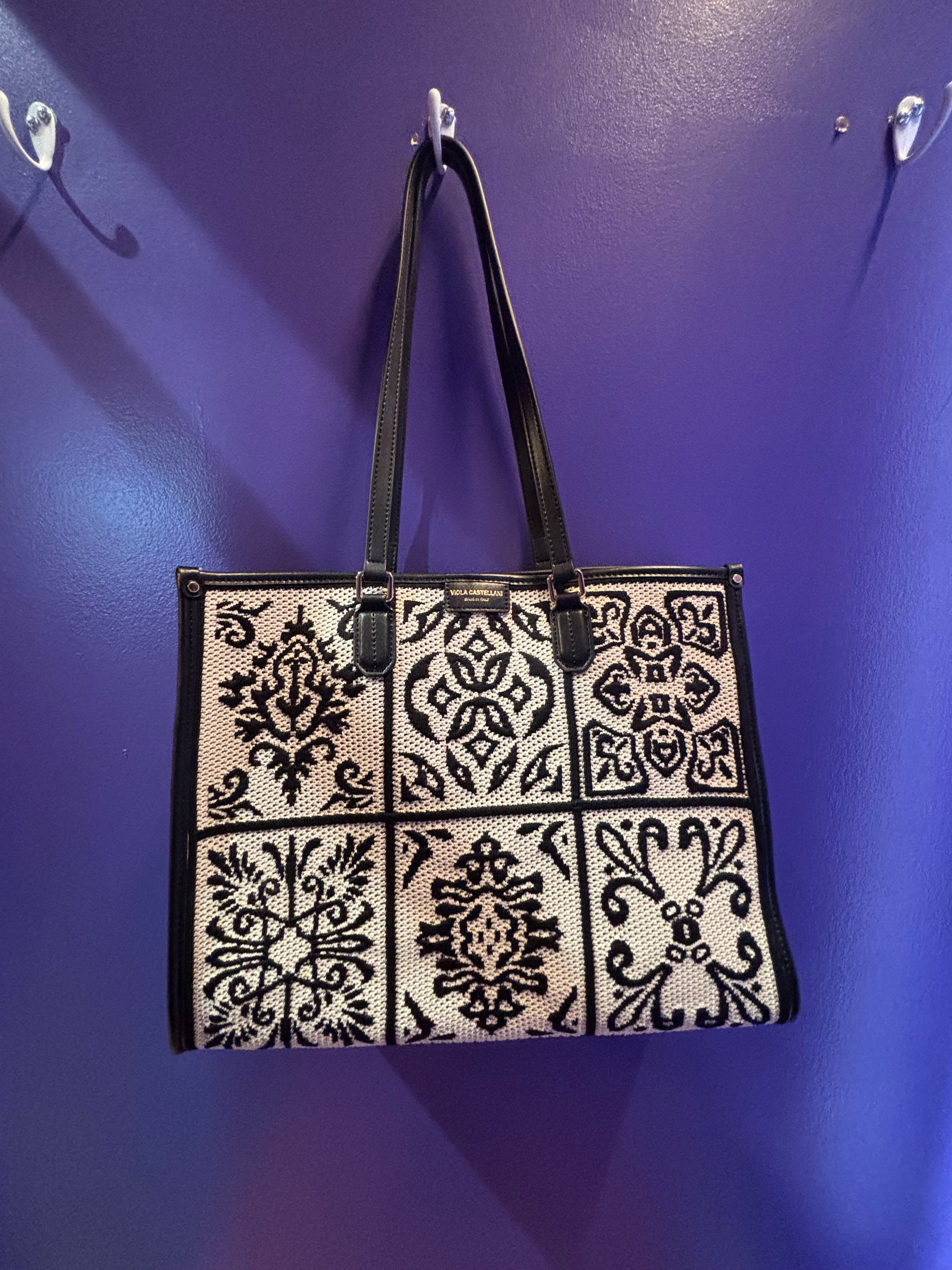 white black viola castellani patchwork tote handbag