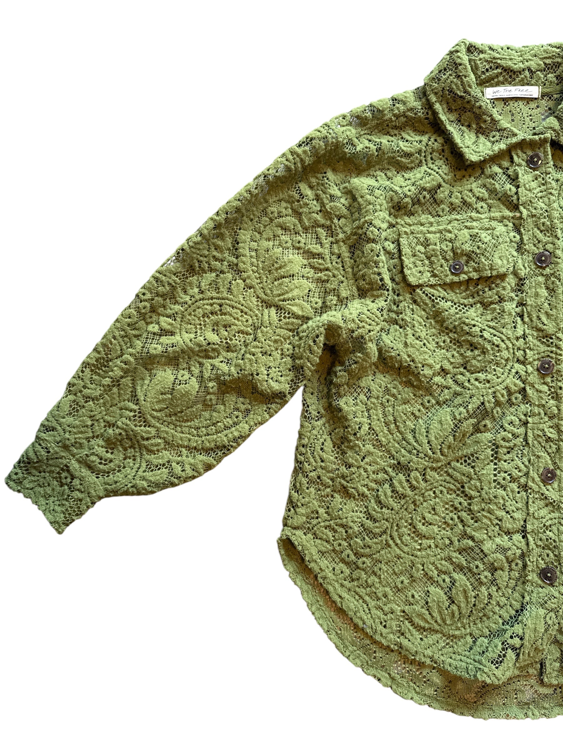 green free people crochet button down top, xs