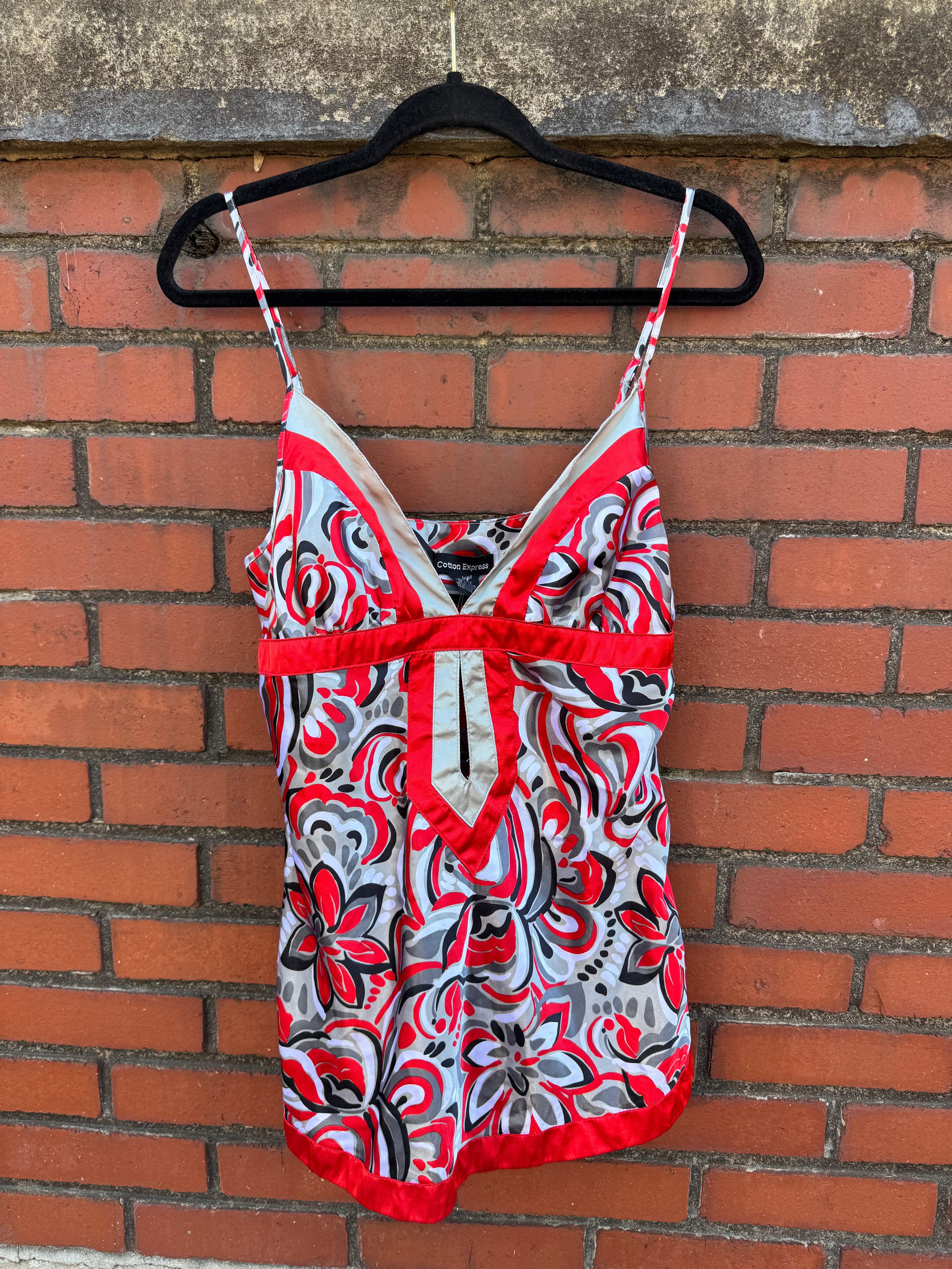 red grey cotton express 100% silk swirly camitop w/ key hole, L