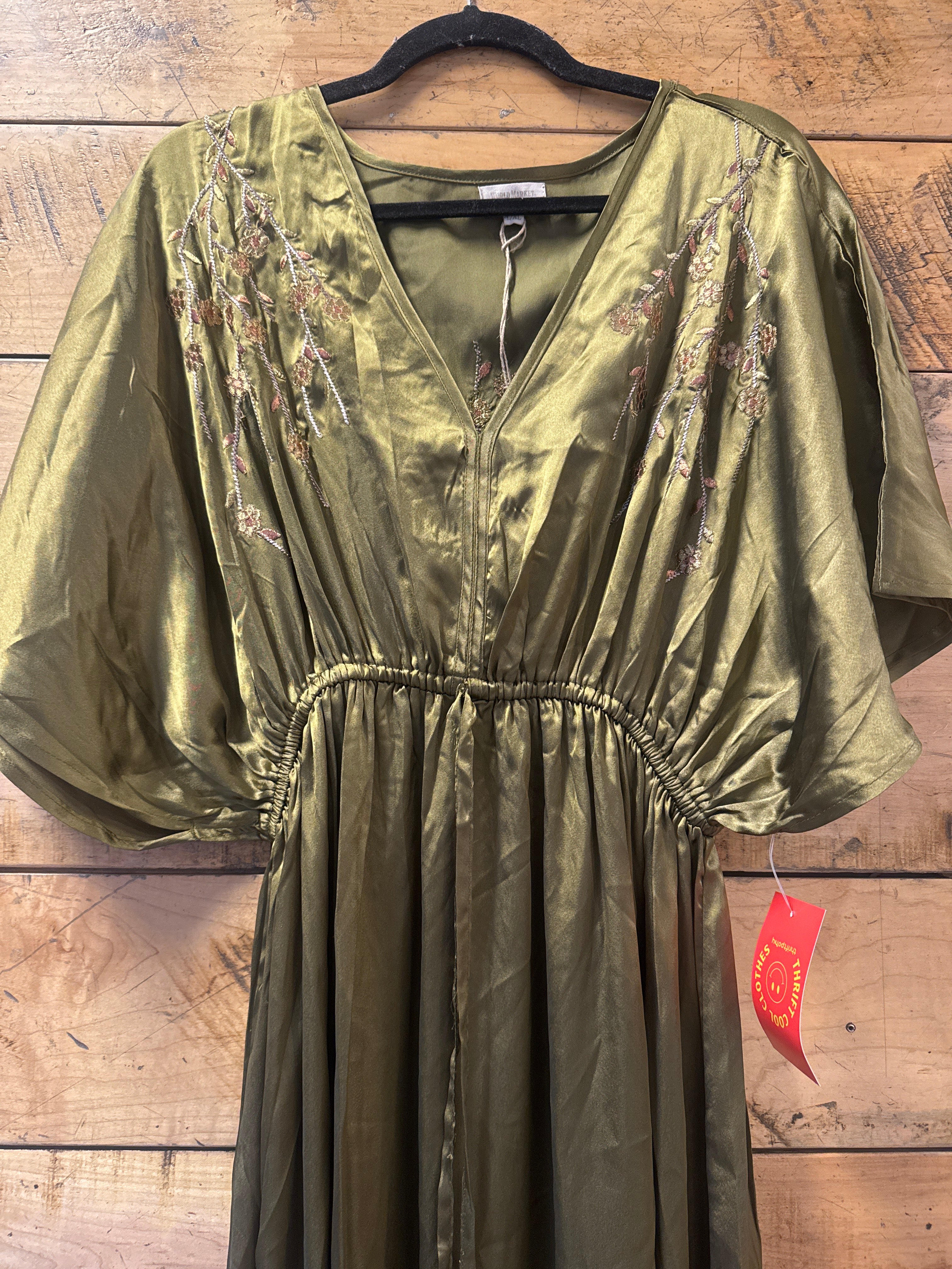 green gold world market nwt satin dress w sparkle embroider, L/xl