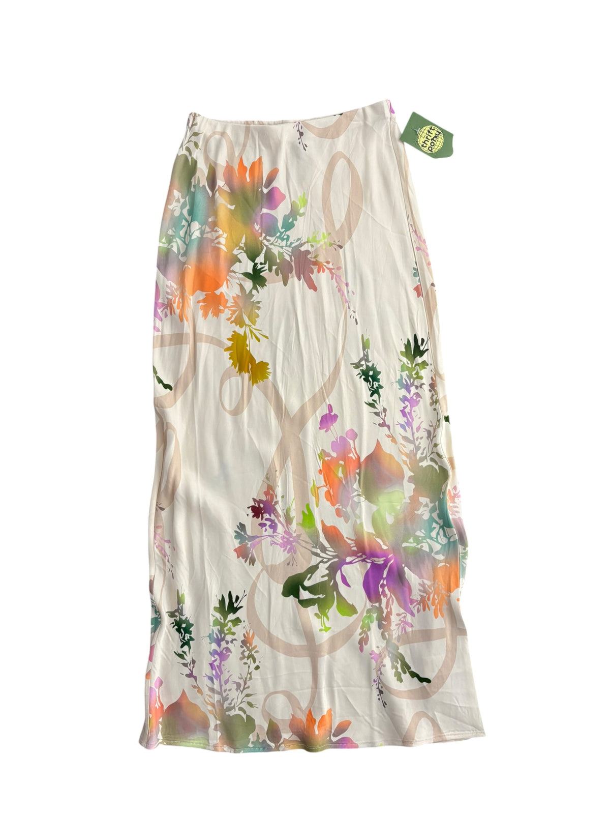 cream orang epurple anthropologie floral satin maxi elastic skirt, xs