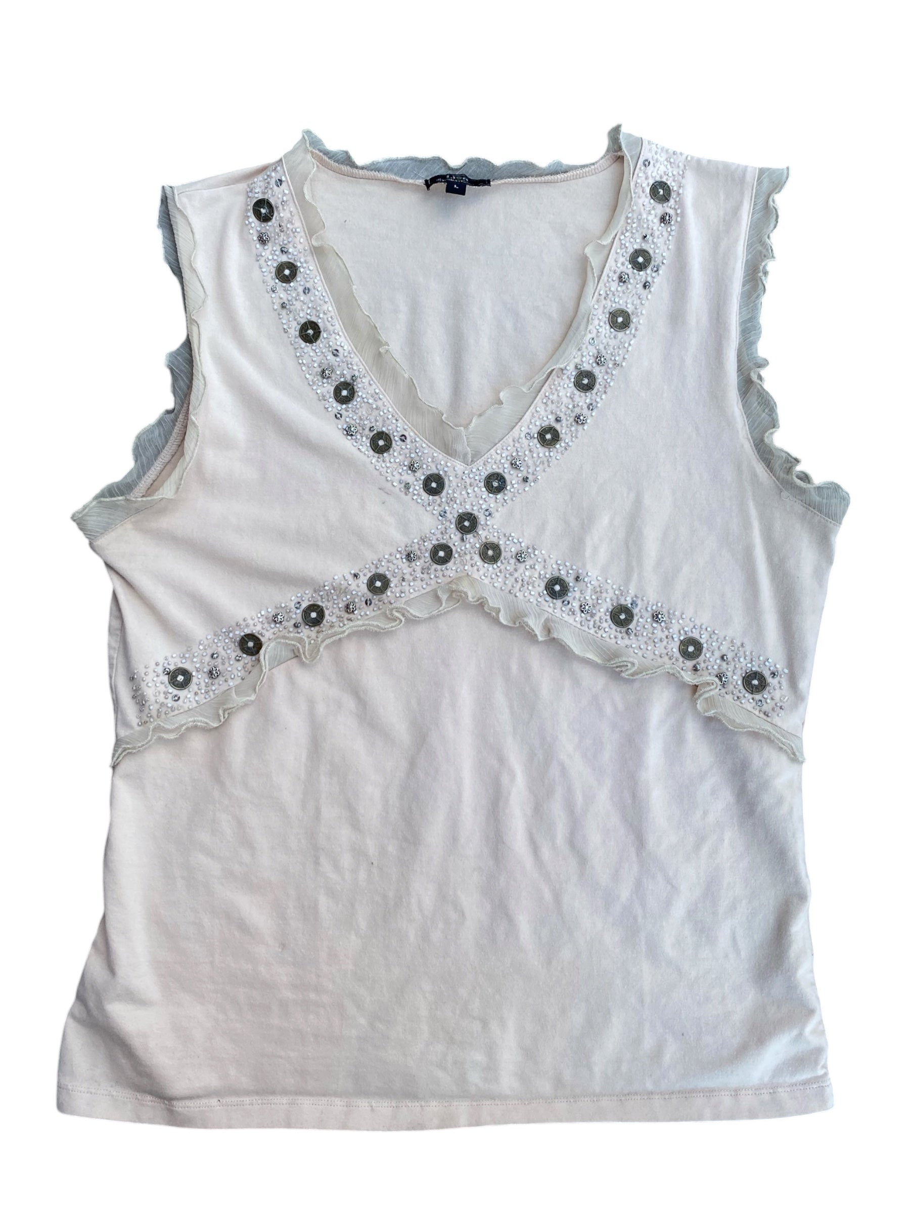 nude lisa international beaded ruffle tank, L