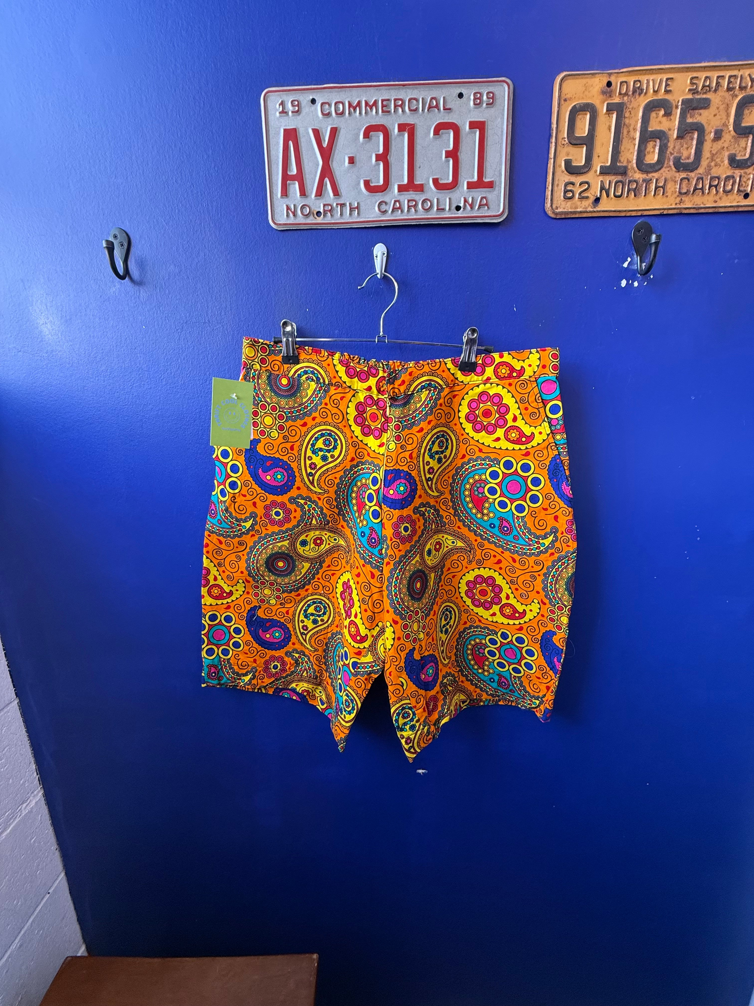 Orange yellow teal pink  Paisley print shorts, 30