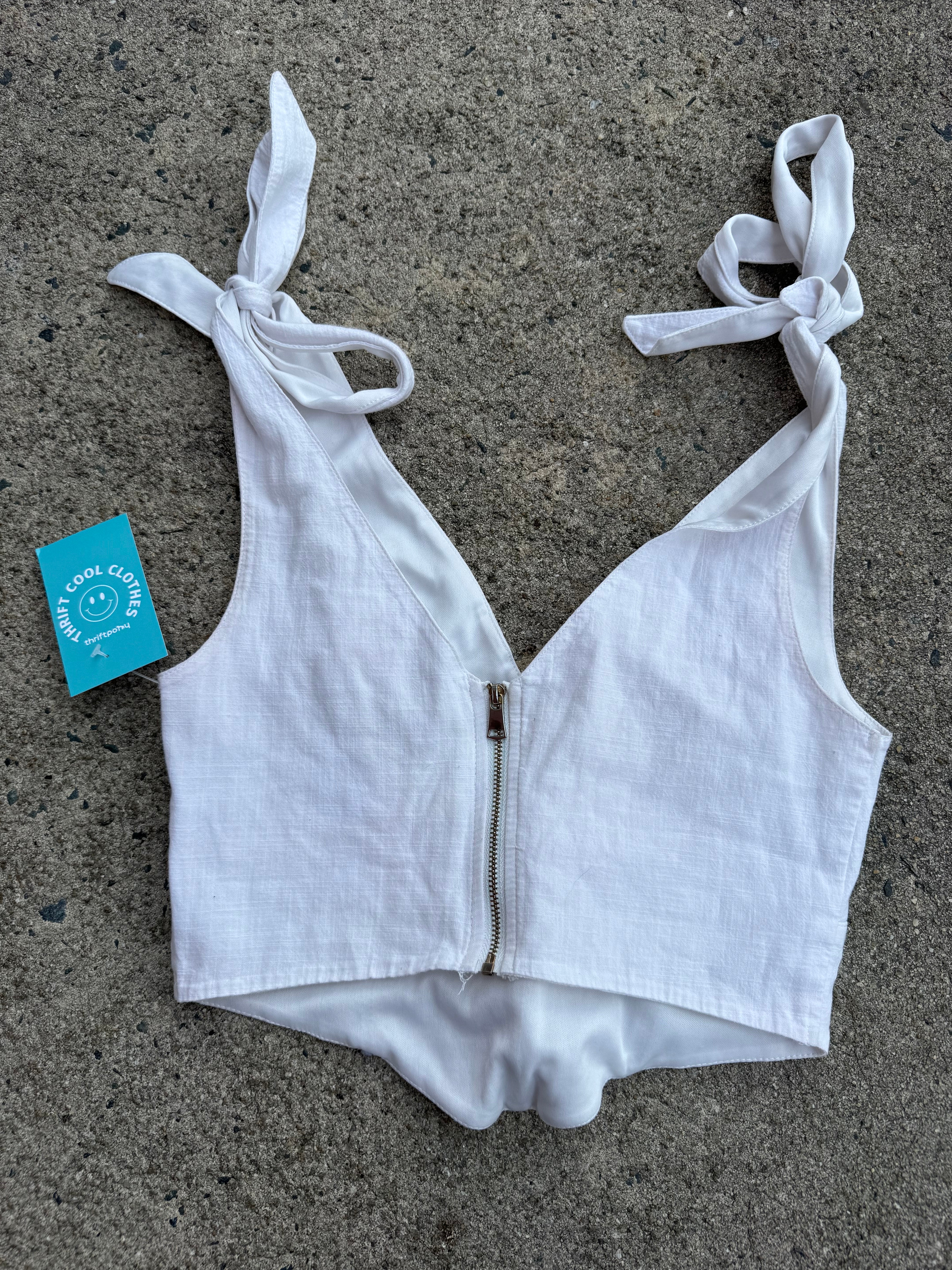white  structured zip up tie top, s