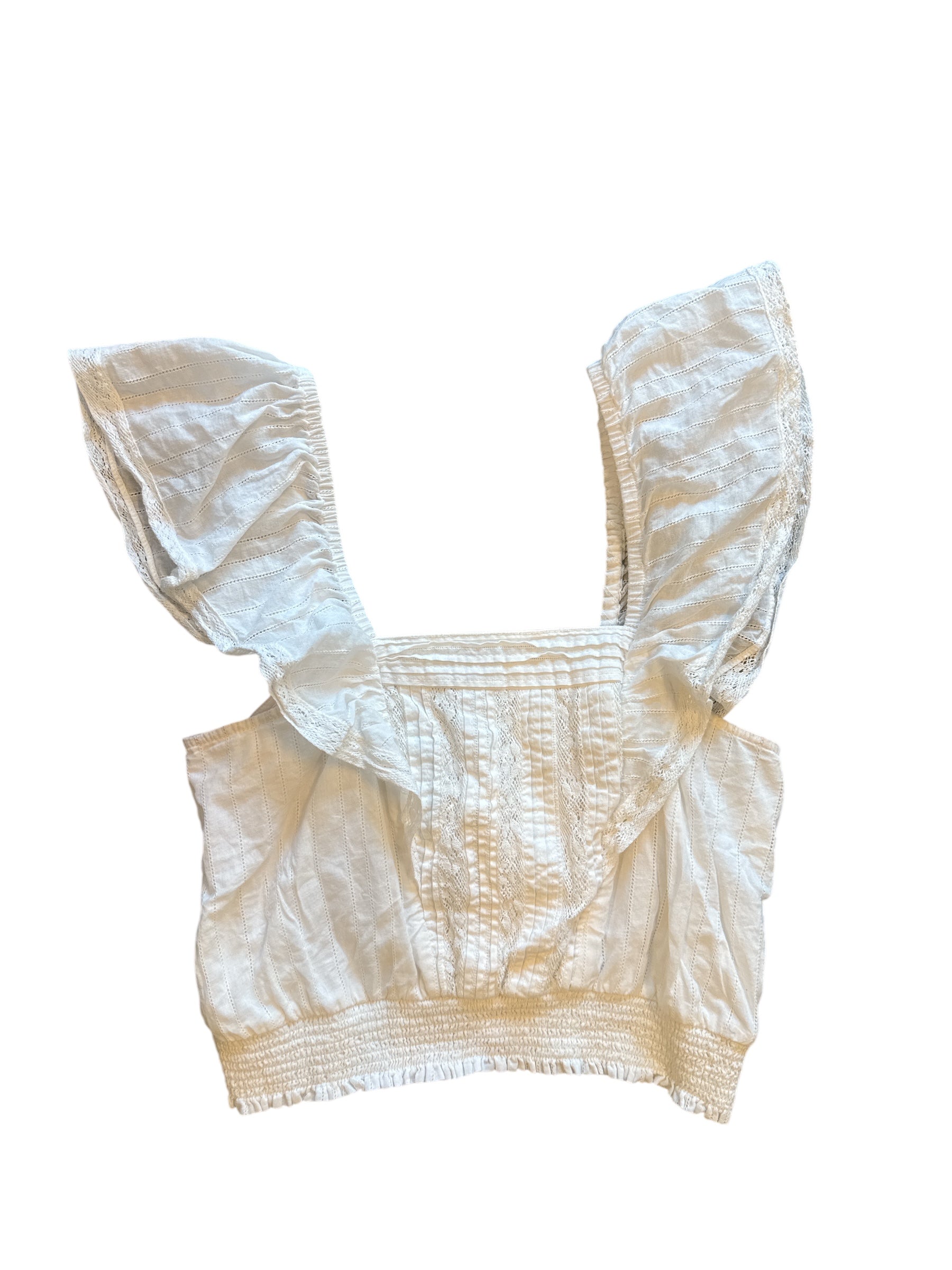 cream intermix smocked linen ruffle sleeve crop top, xxs