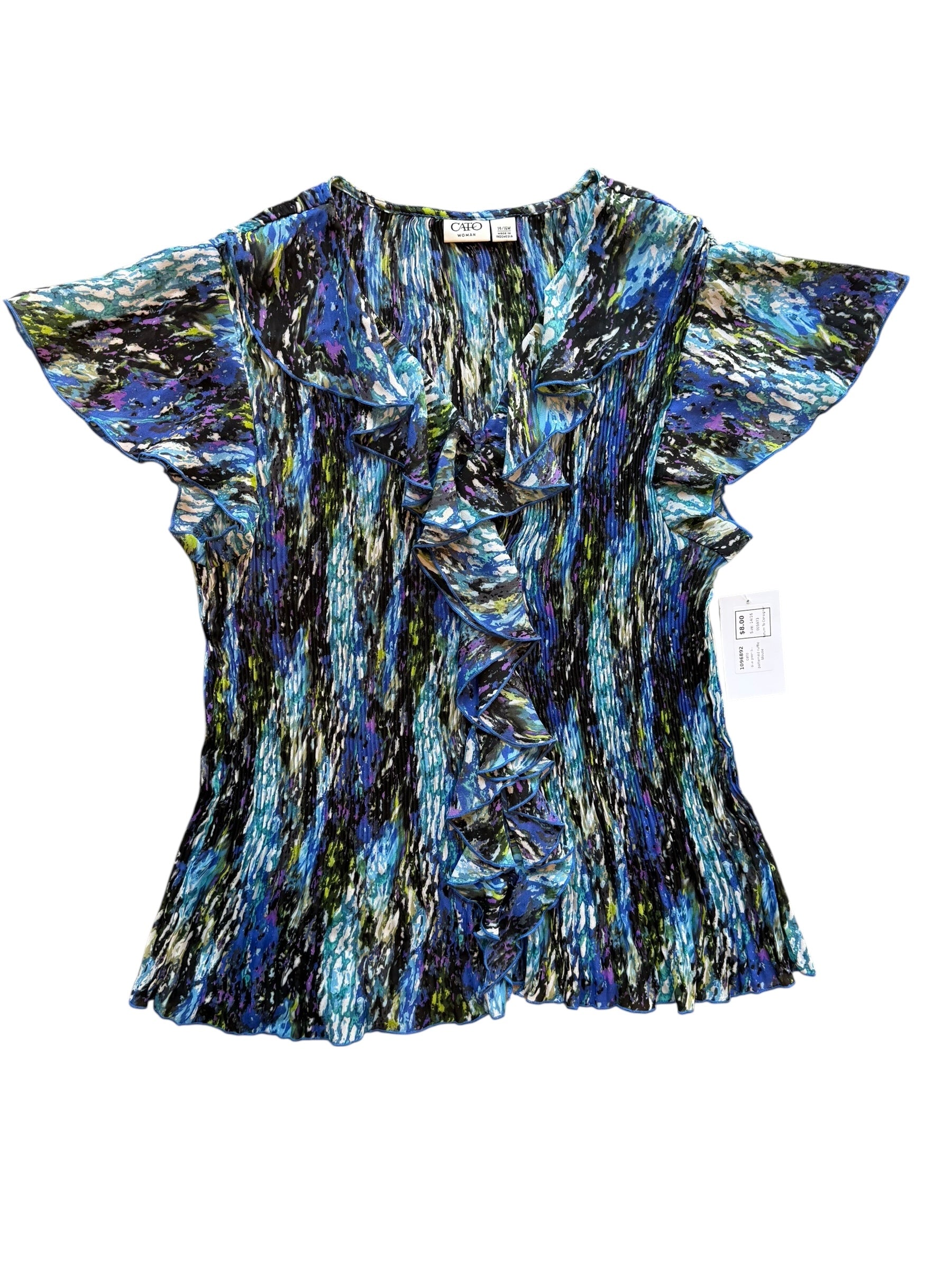 blue green black cato patterned ruffle blouse, 14/16
