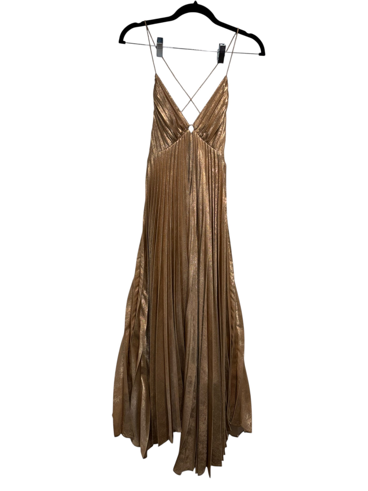gold acler metallic pleated lace up maxi dress, xs