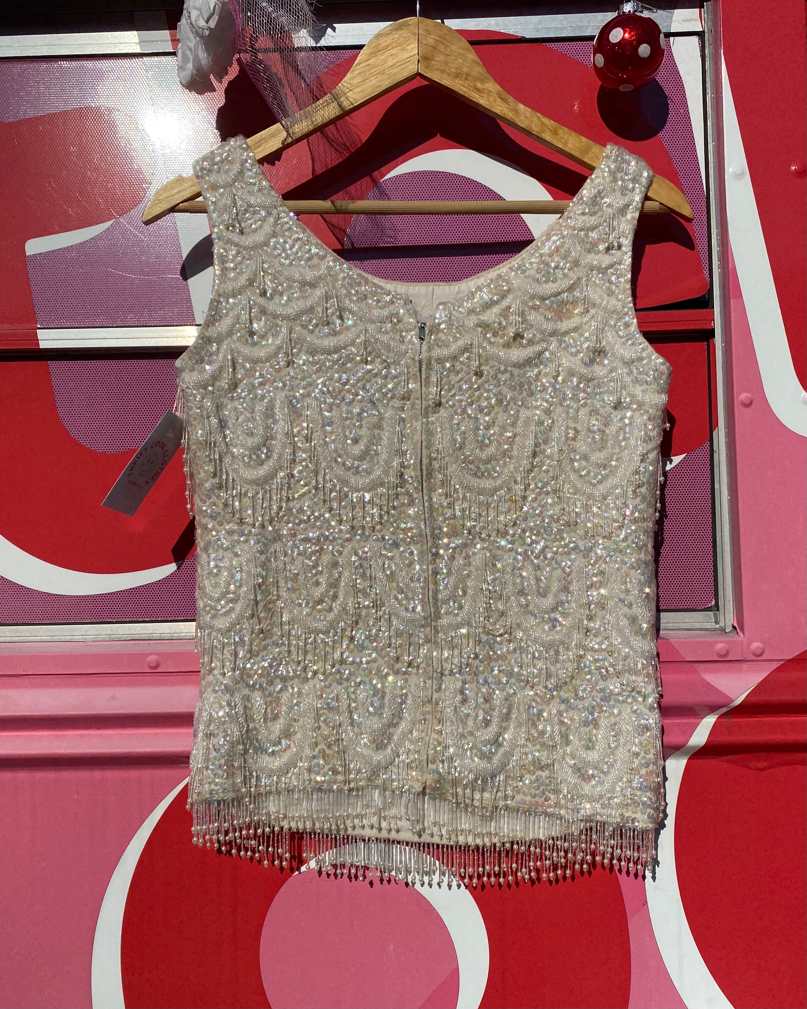 off white jeri jo vtg deco fringe bedazzle sequin tank, 34