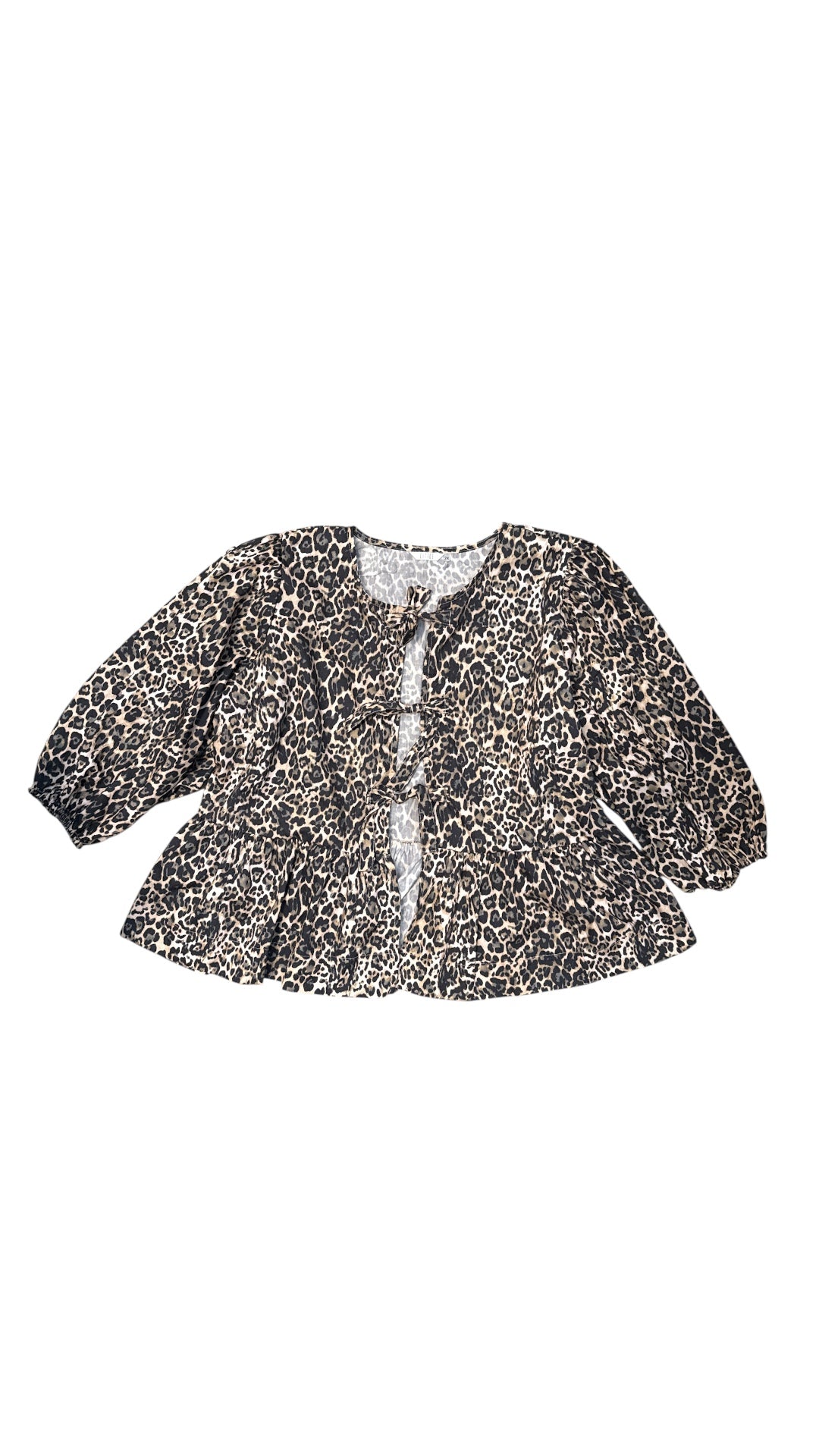 tan black kaktus leopard tie front puff sleeve top, 2x