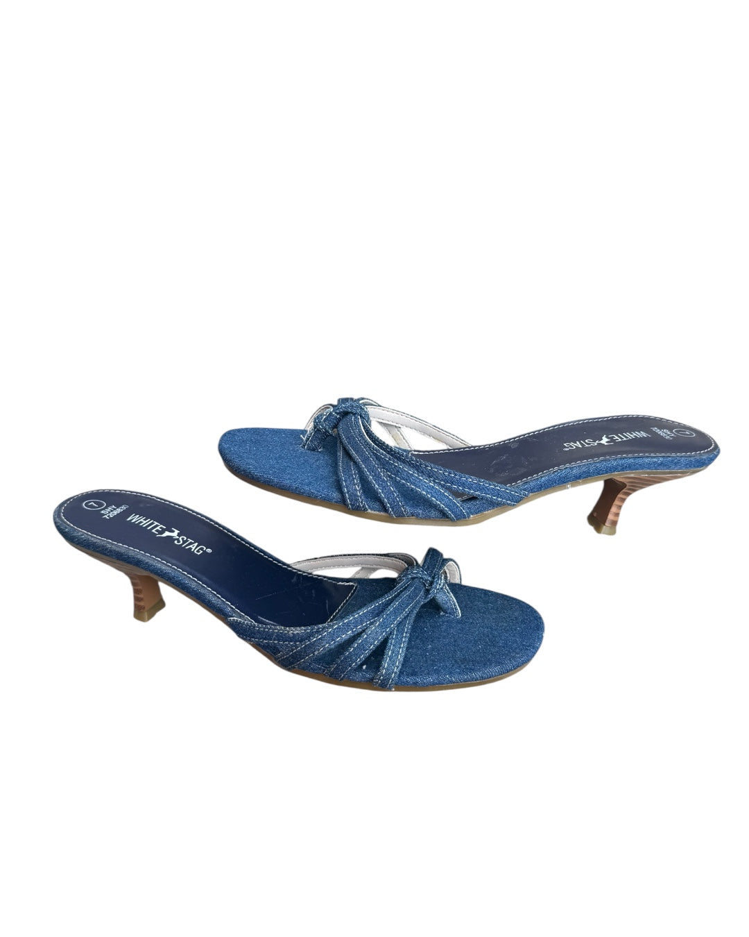blue white stag denim kitten heel sandals, 7