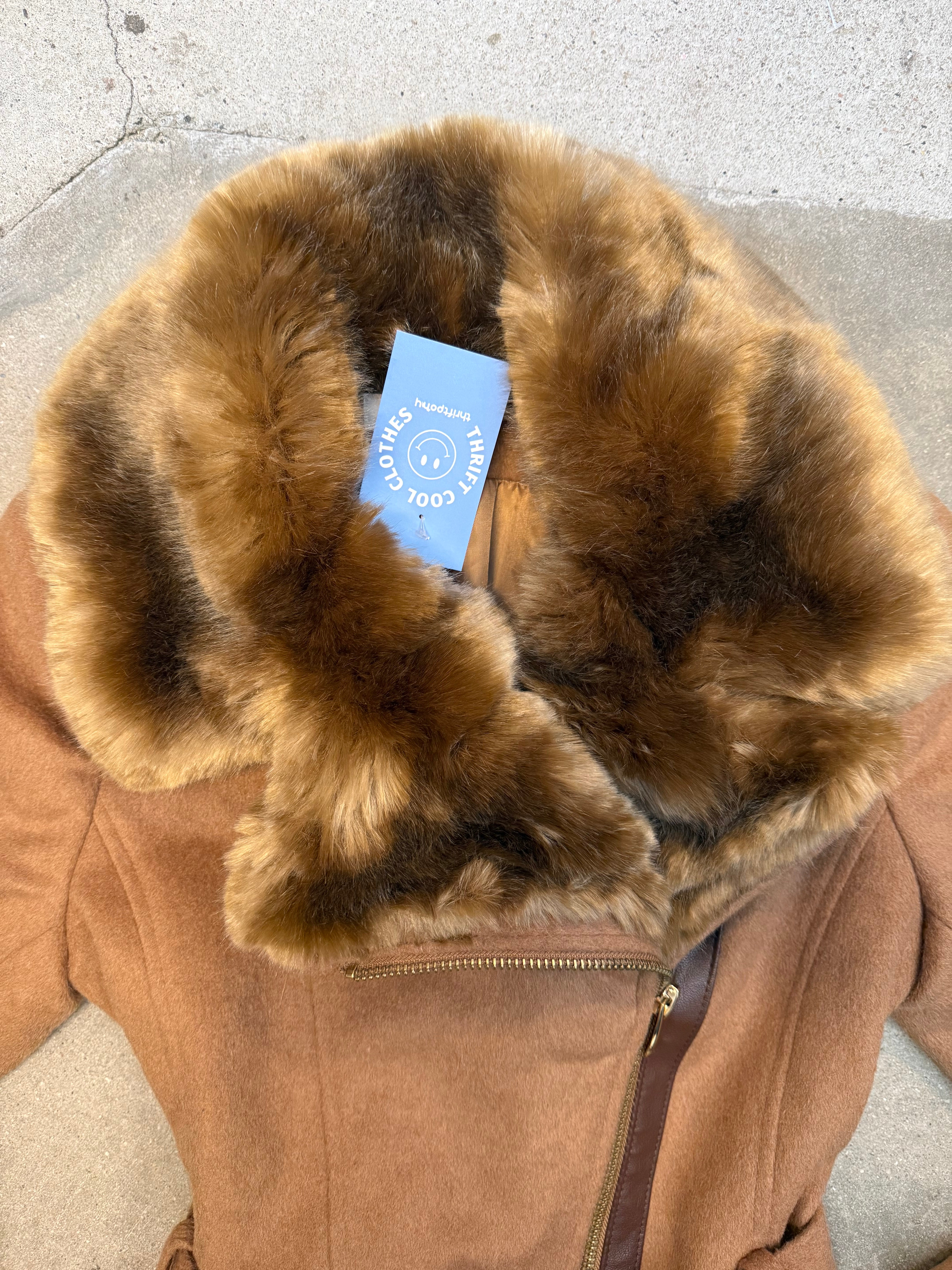 brown via spiga wool blend coat w faux fur trim, xs