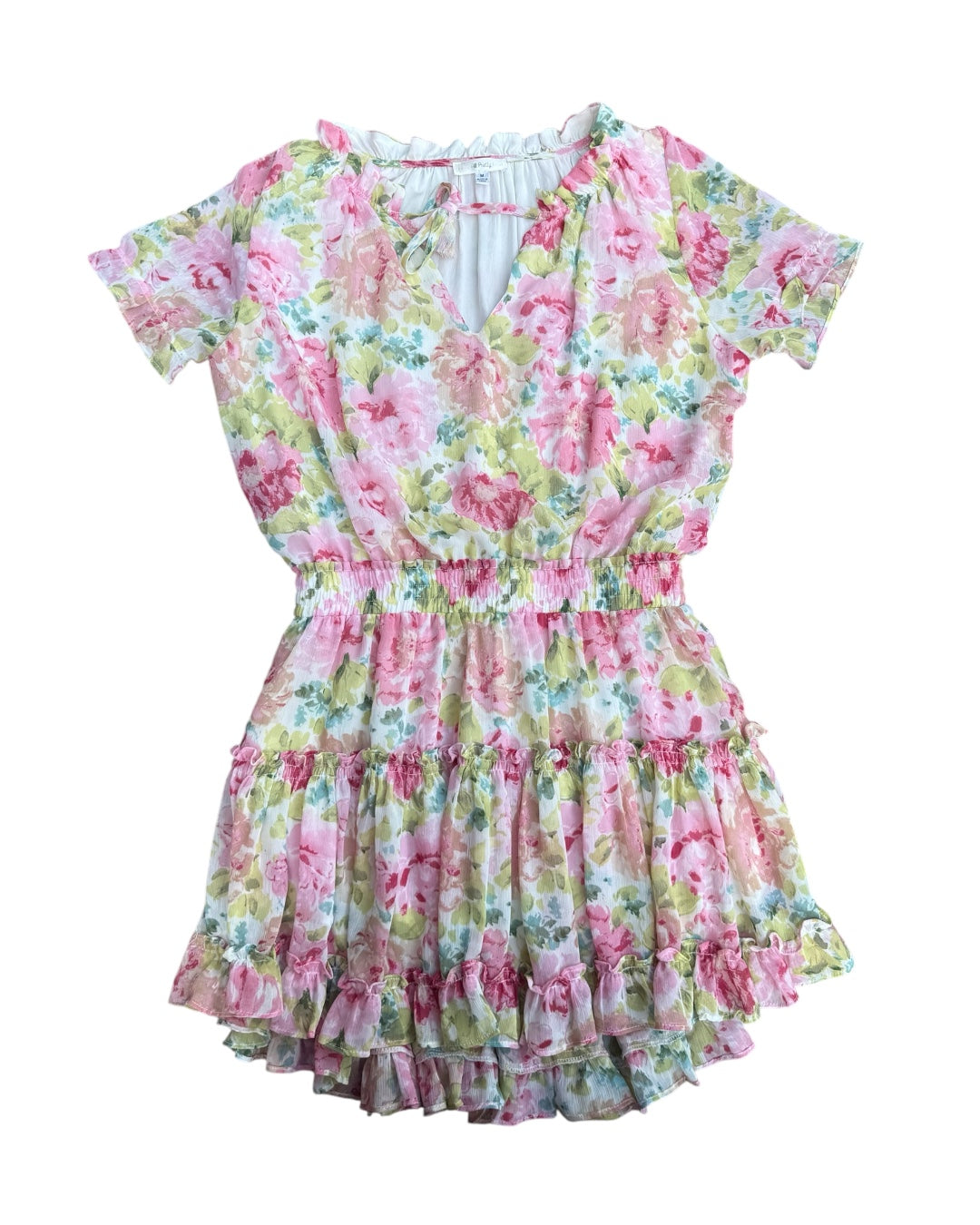 green pink we're all pretty girls floral sheer ss mini dress, m