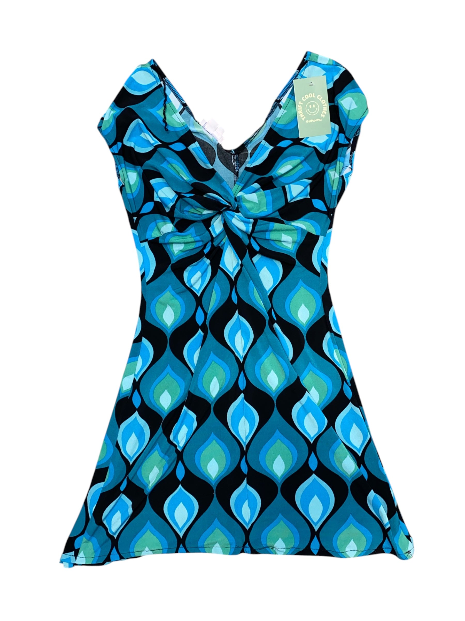 blue multi london times Pattern stretch v neck ss mini dress, 6
