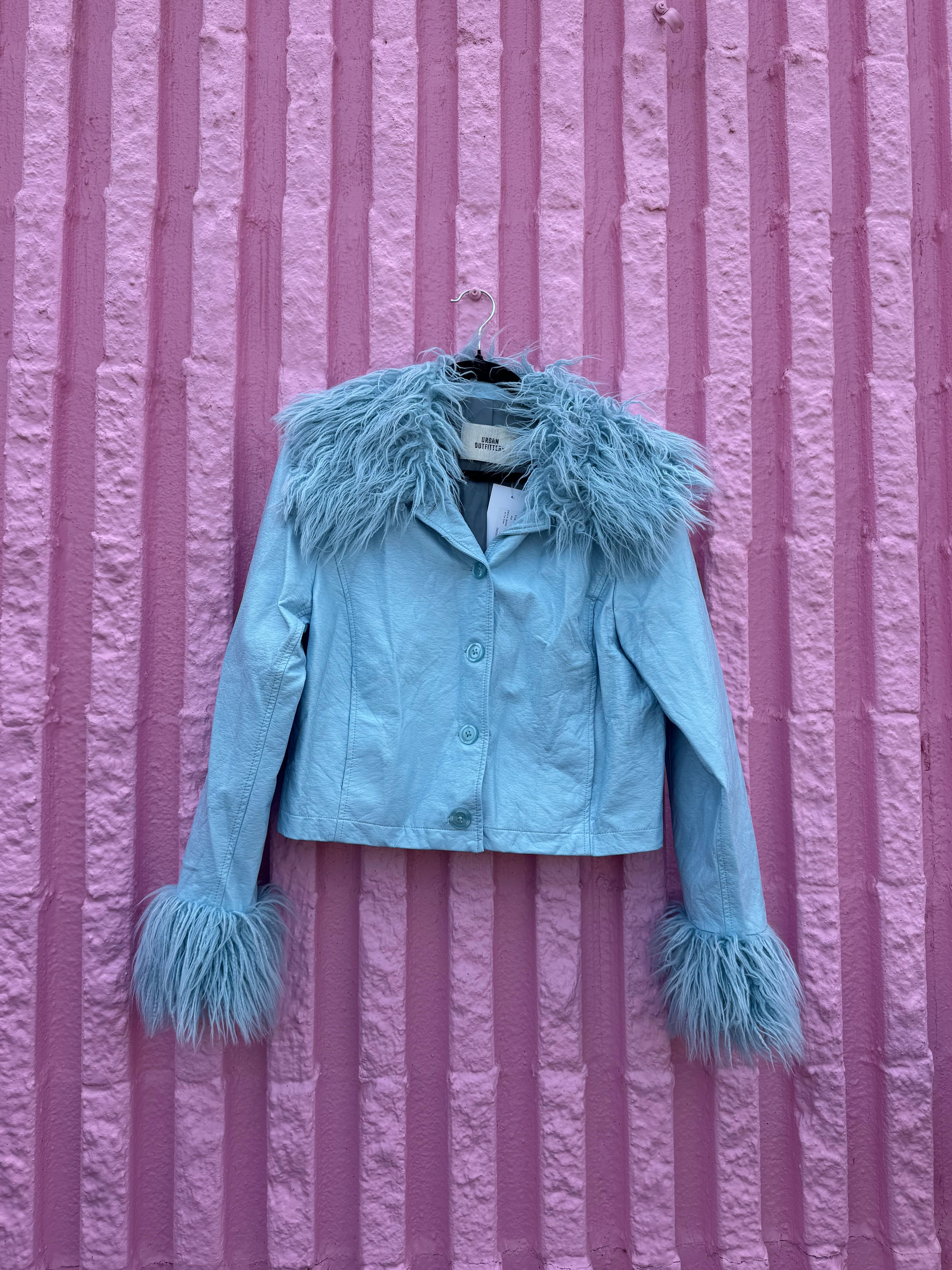 blue urban outfitters patent jacket w fur trim, L