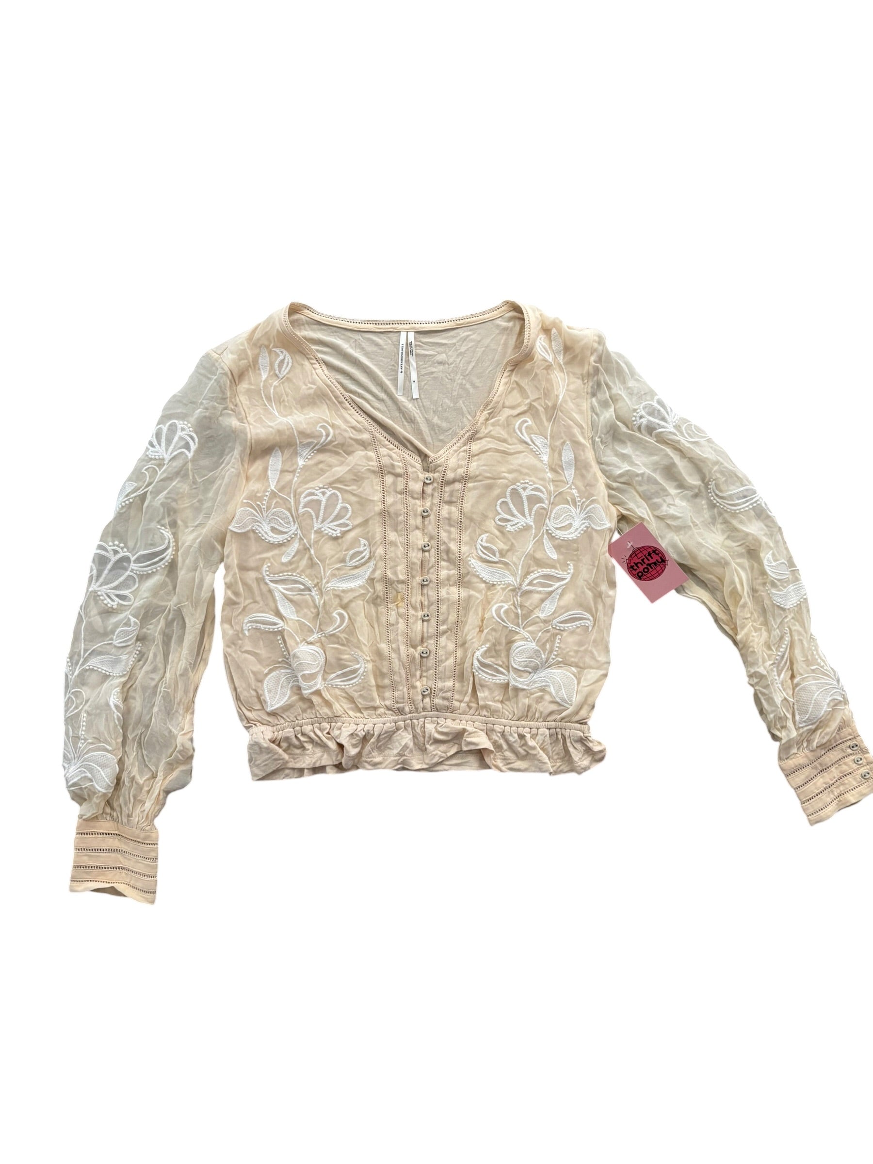 cream Anthropologie mesh emboidered ls top, M