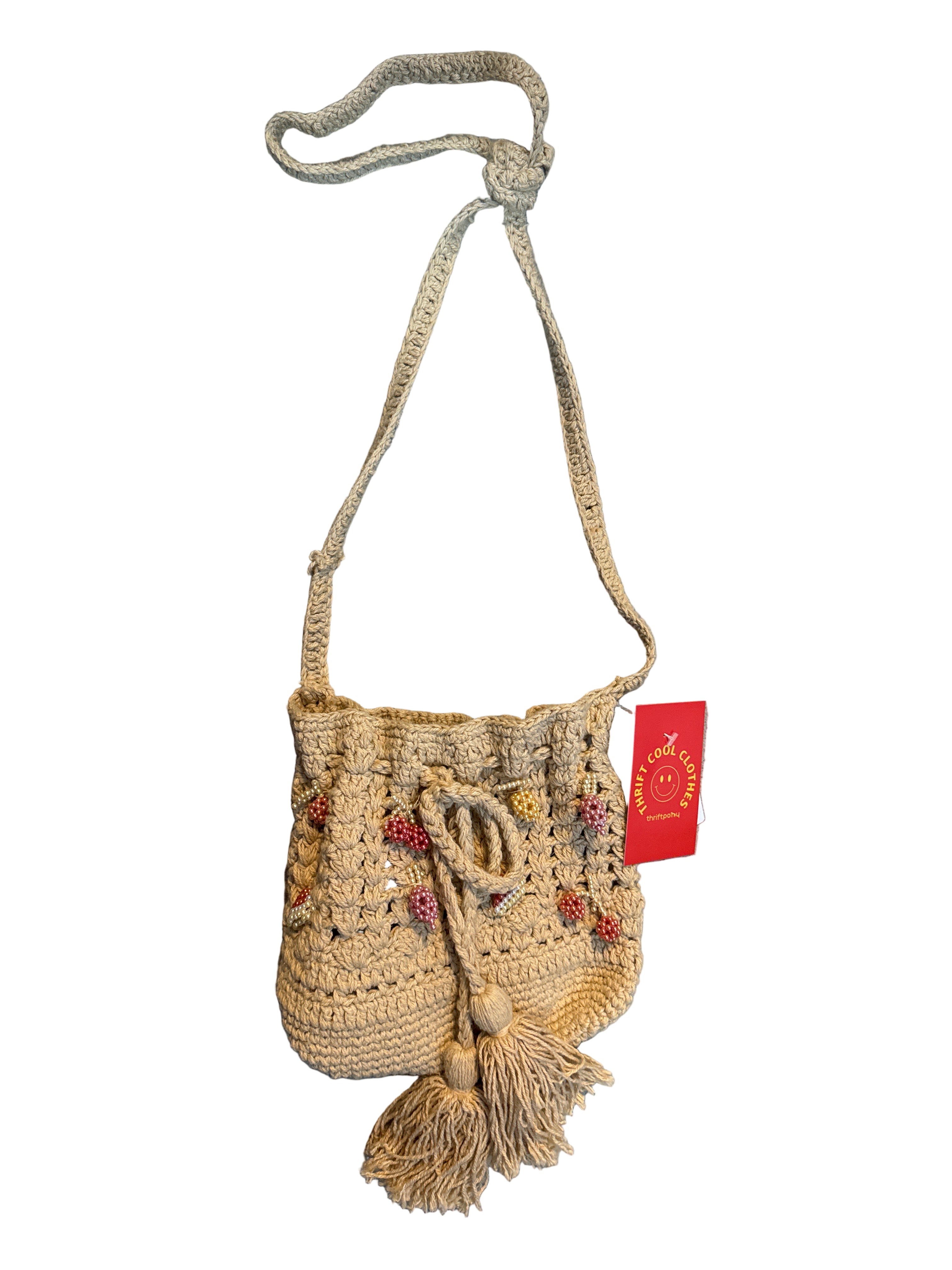 tan  crochet drawstring w cherries