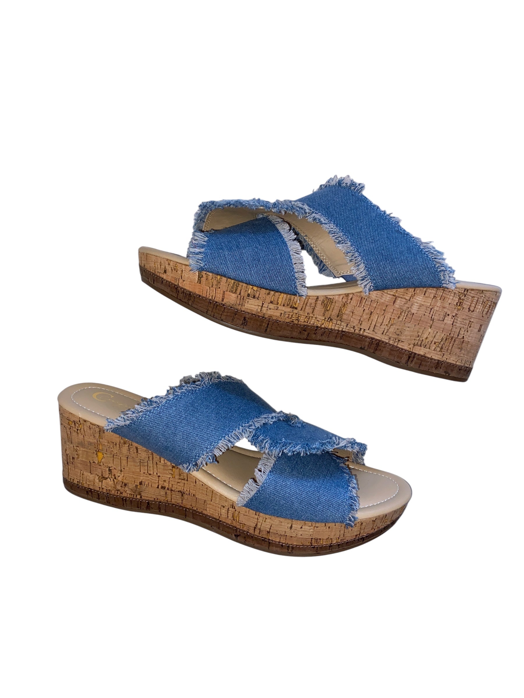 Blue and tan Comfort Jean strap sandal, 12w