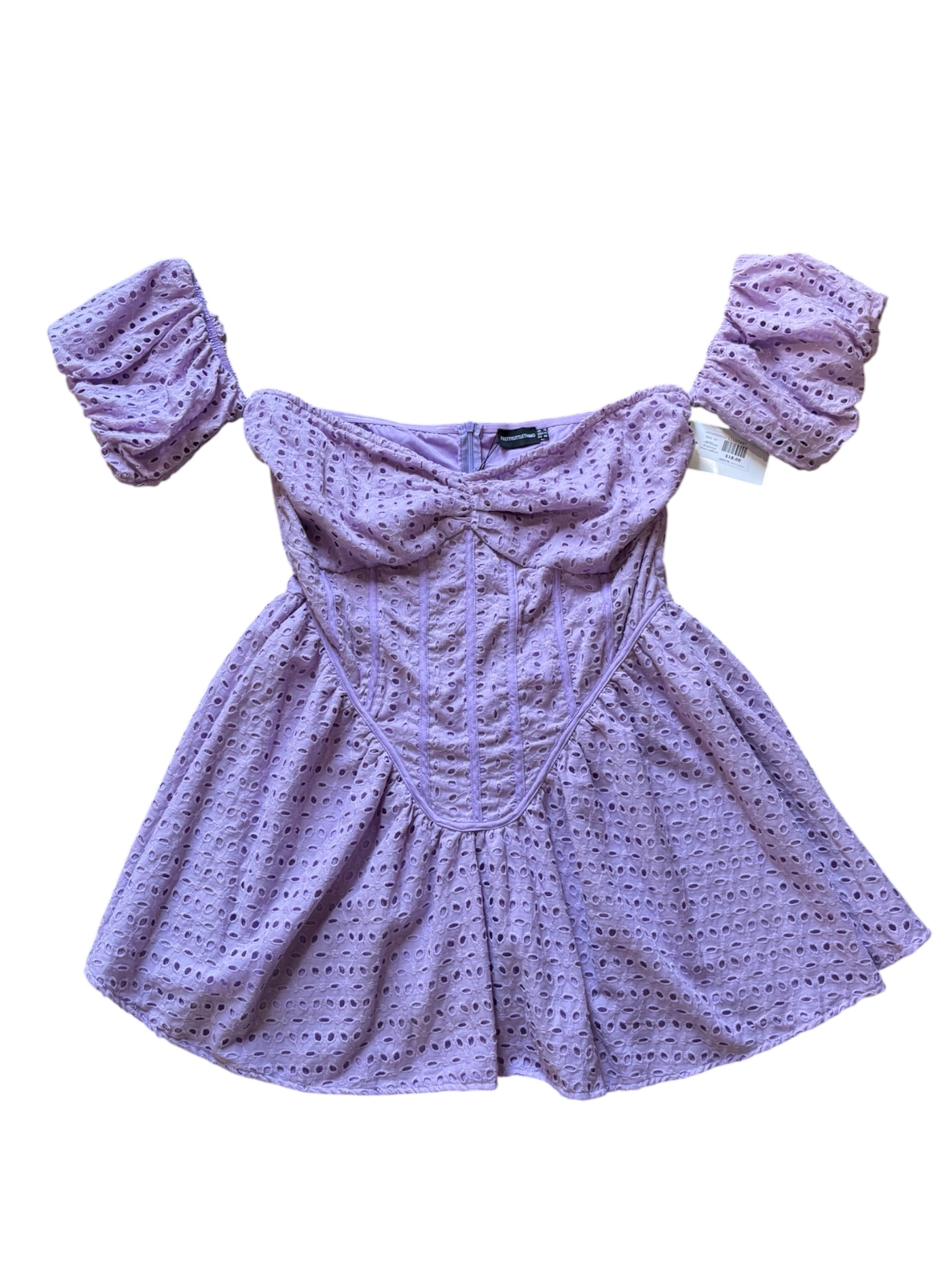 purple prettylittlething nwt eyelet dropwaist dress balloon sleeve, 14