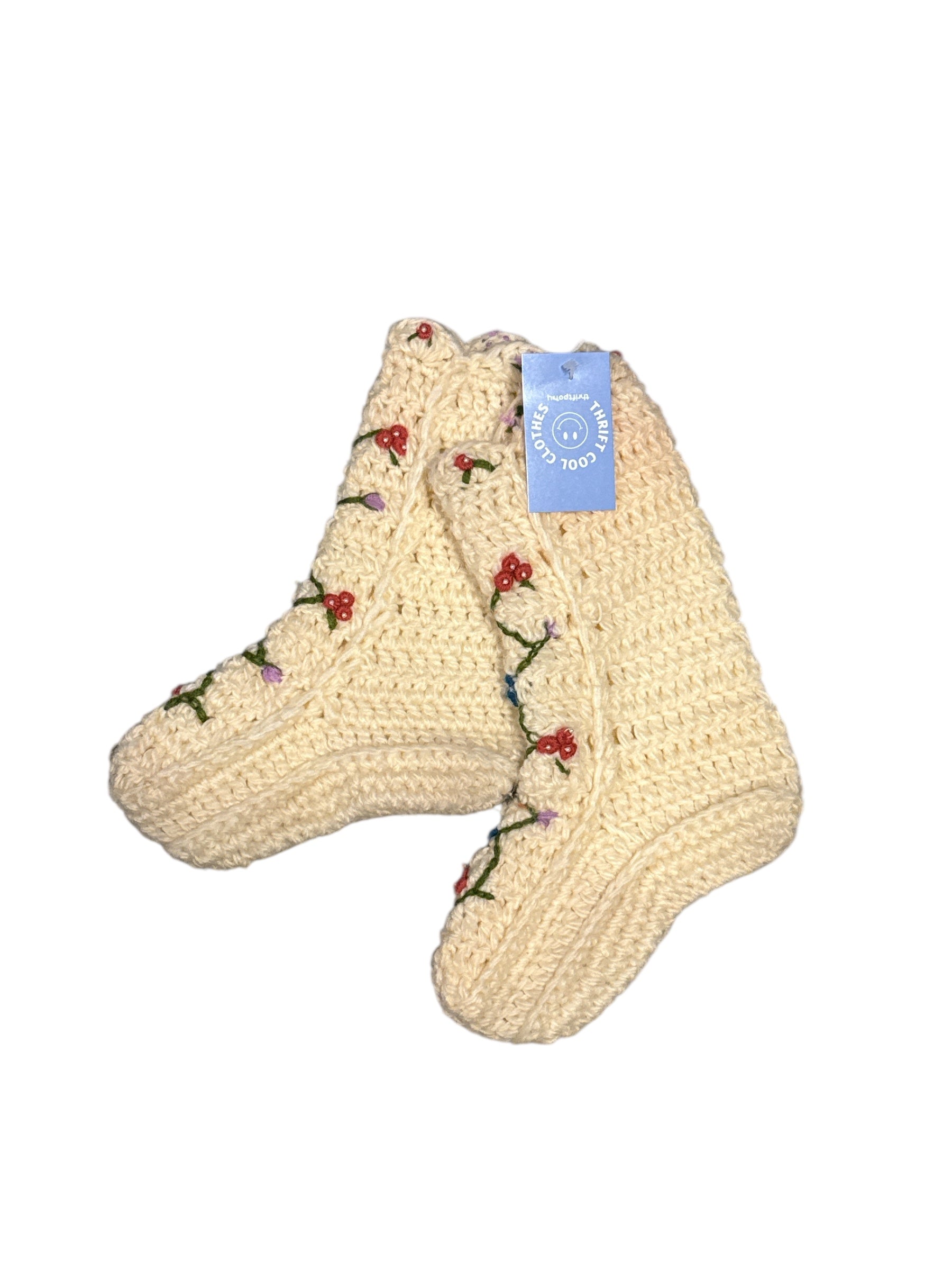 crochet knit boot socks w flowers - fit from womens 7-10