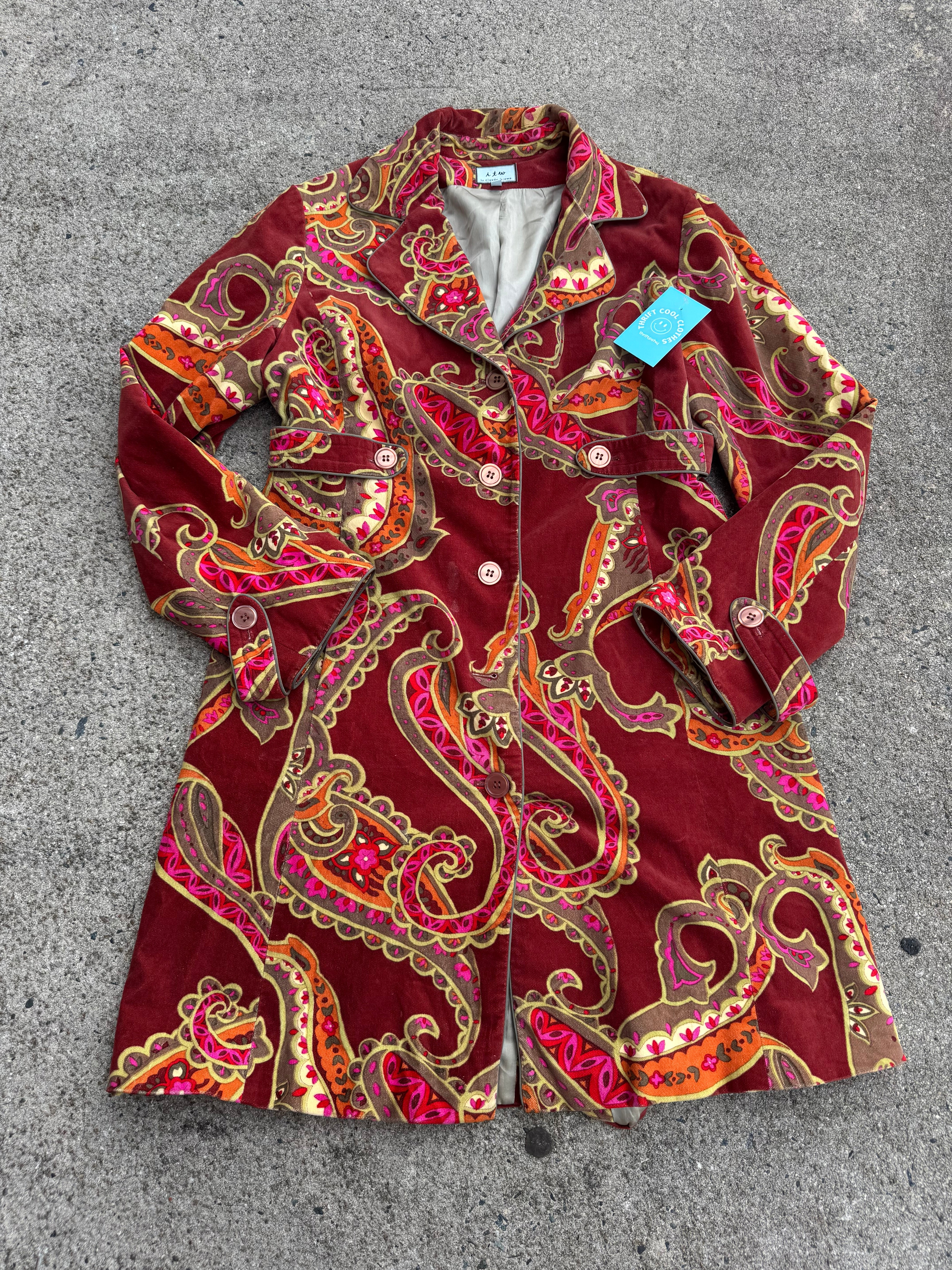 red itw paisley velvet jacket, 10 (missing a button!)