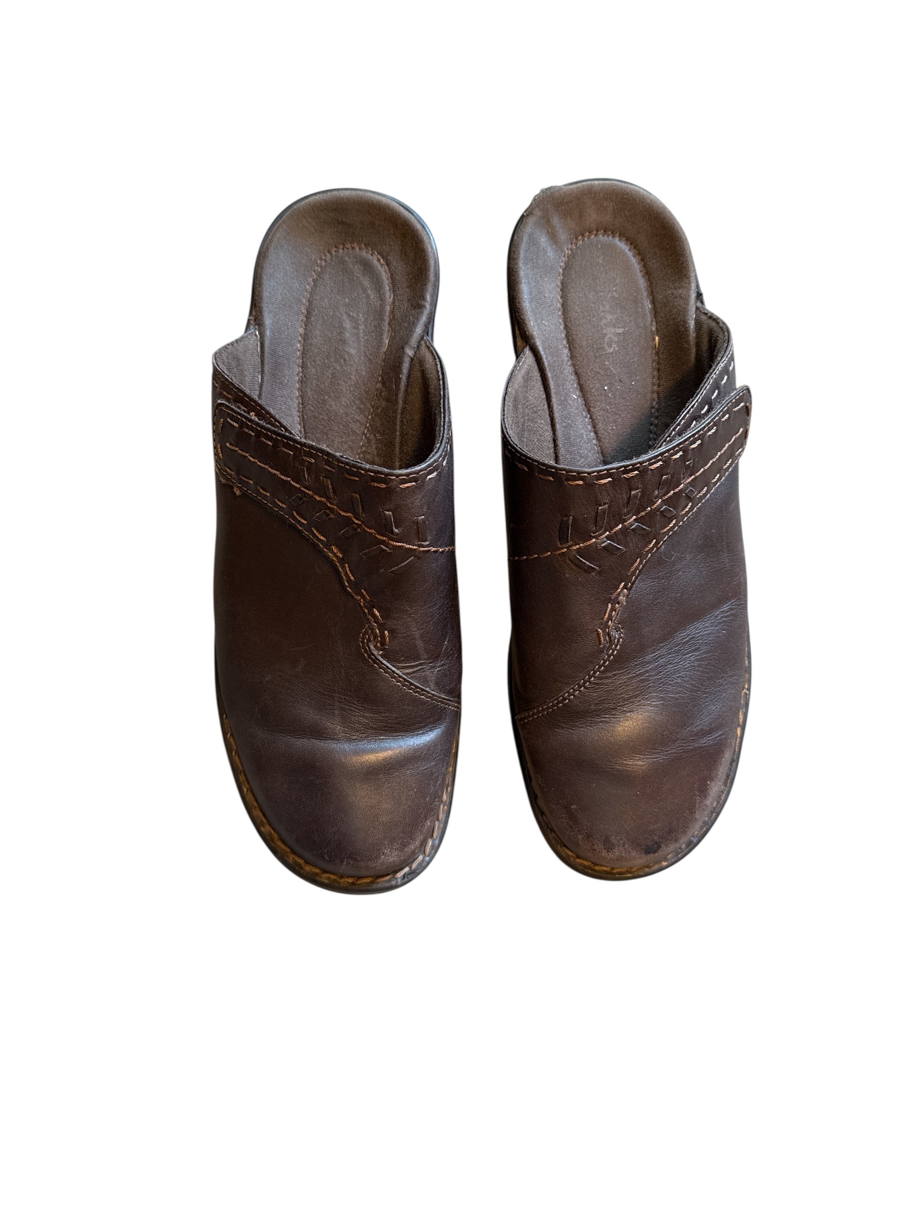 brown clarks mules, 9