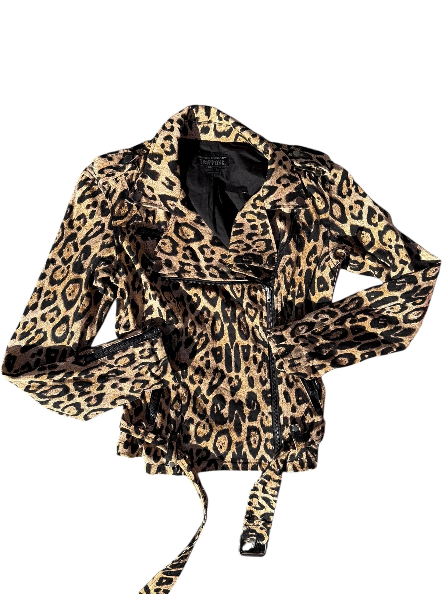 brown black tripp nyc leopard moto jacket, m