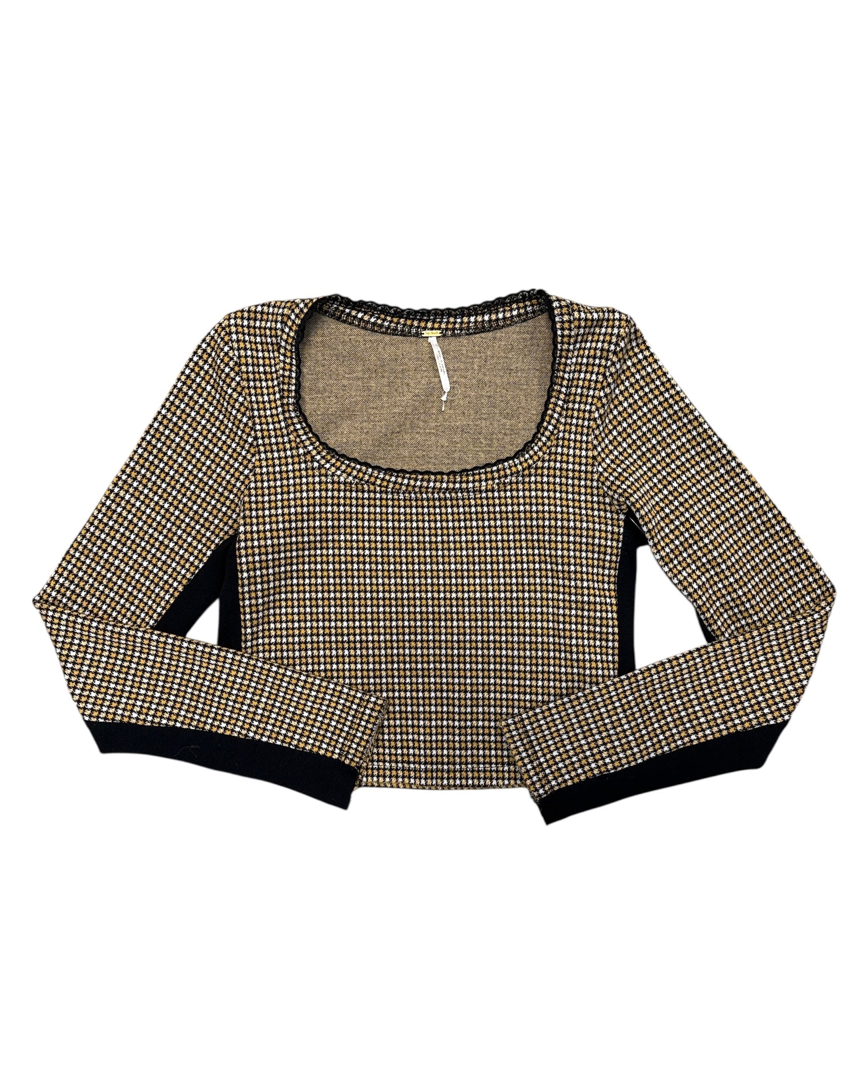 Yellow white black Free people Houndstooth cropped lace collar top, S