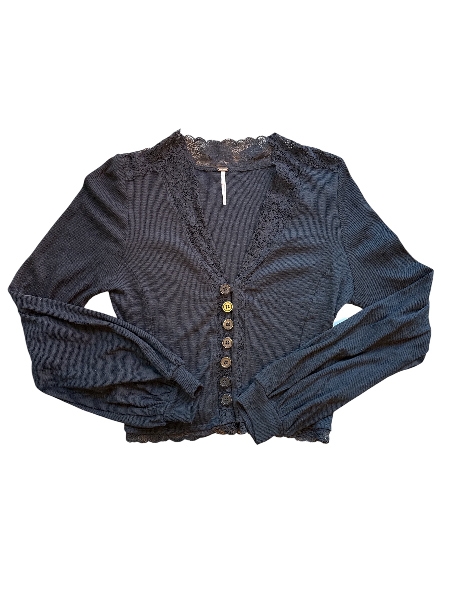 black free people lace ribbed balloon sleeve button up, L