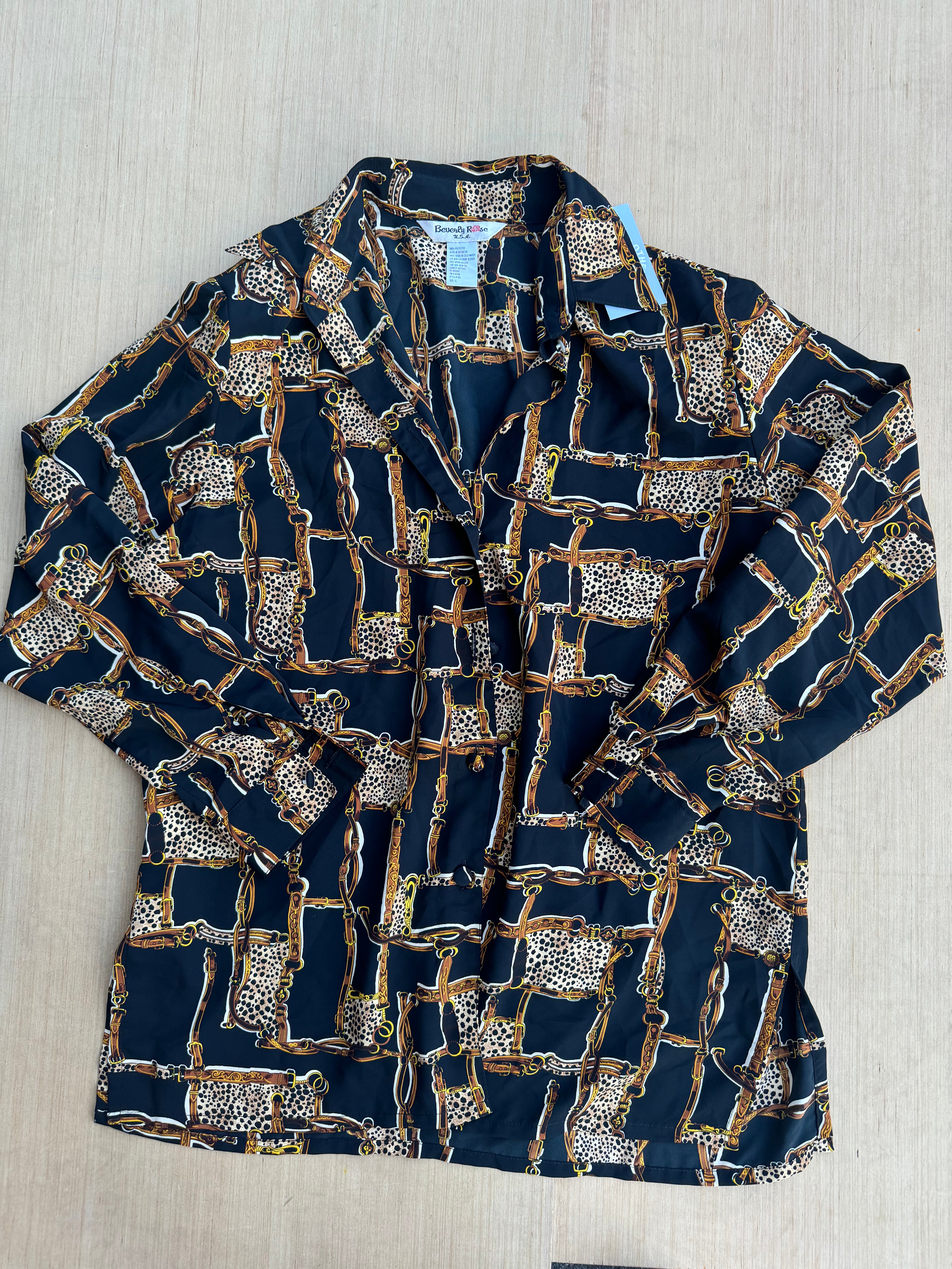 black brown beverly rose satin y cheetah print button down, L